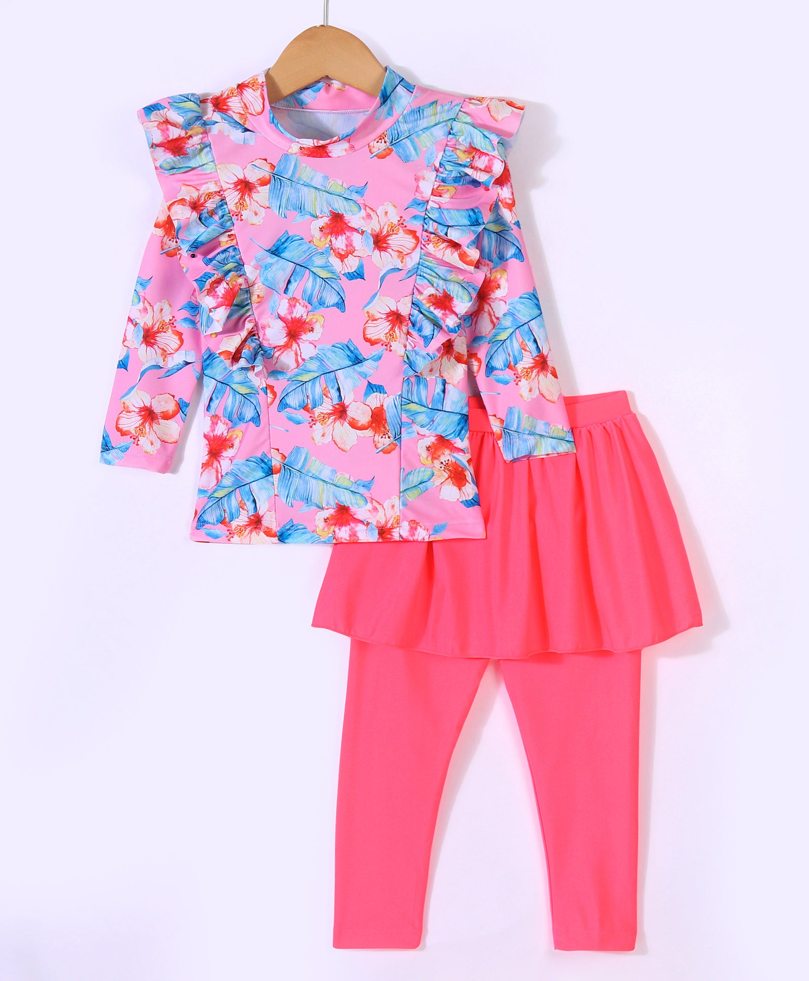 FLORAL & LEAVES PRINTED RUFFLED PATTERN SKIRT STYLE 2 PIECE SWIMSUIT - PINK (3 TO 10 YEARS)