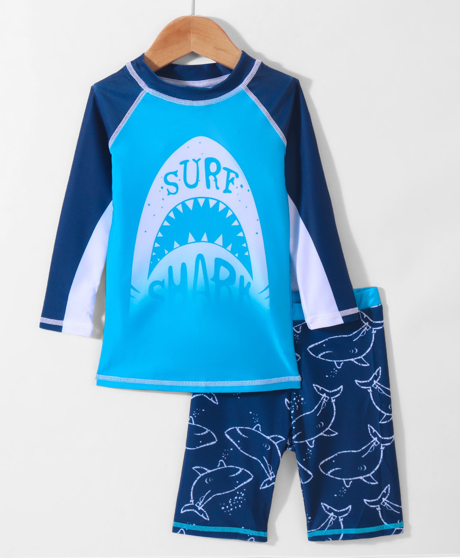 SHARK PRINT RAGLAN SLEEVES 2 PIECE SWIMSUITT - BLUE (2 TO 7 YEARS)