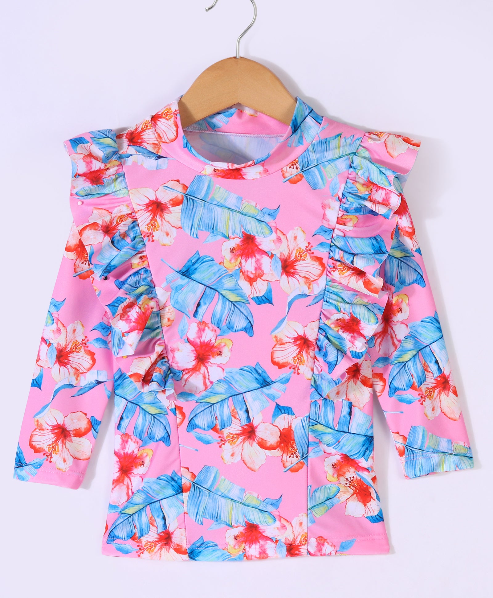 FLORAL & LEAVES PRINTED RUFFLED PATTERN SKIRT STYLE 2 PIECE SWIMSUIT - PINK (3 TO 10 YEARS)