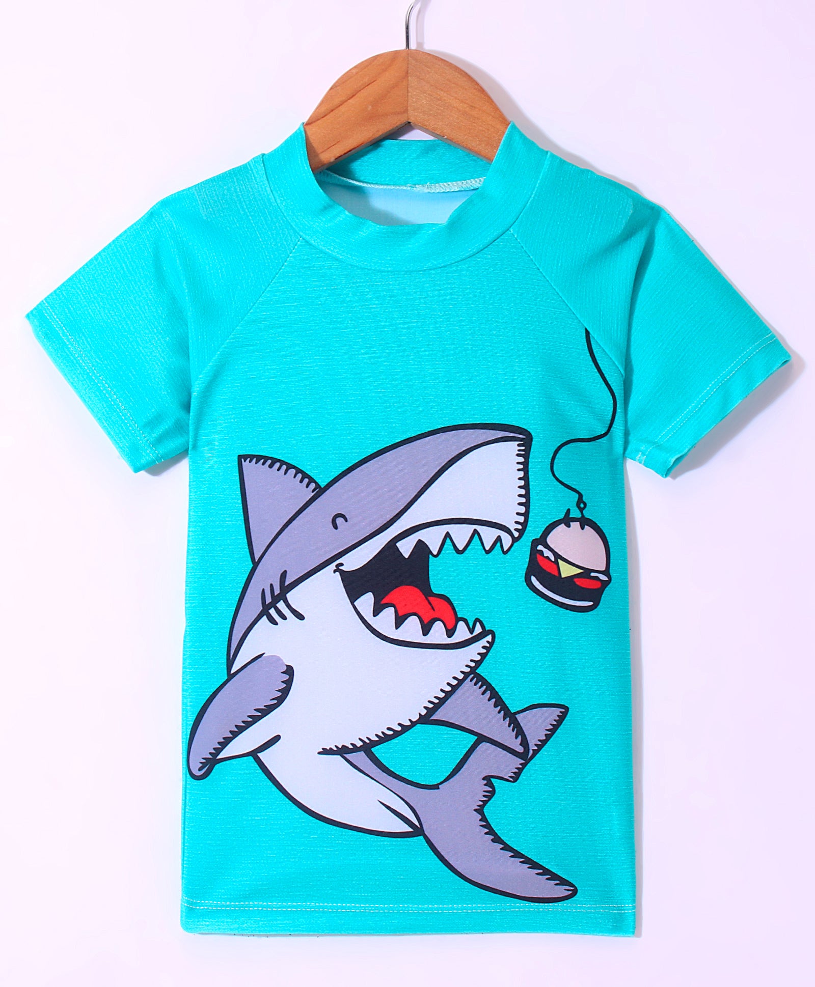 SHARK & BURGER PRINT RAGLAN HALF SLEEVES 2 PIECE SWIMSUIT WITH CAP - BLUE (2 TO 7 YEARS)