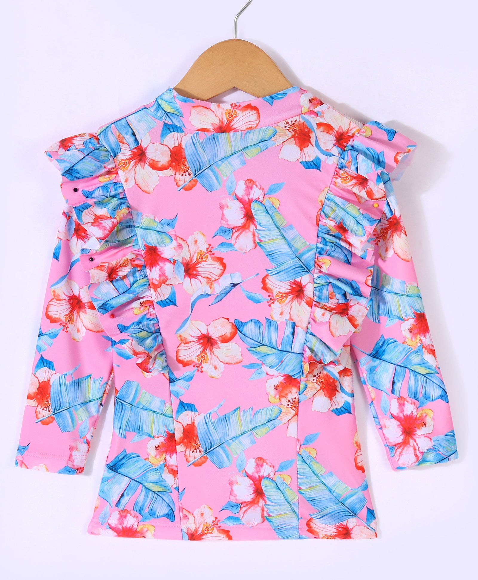 FLORAL & LEAVES PRINTED RUFFLED PATTERN SKIRT STYLE 2 PIECE SWIMSUIT - PINK (3 TO 10 YEARS)