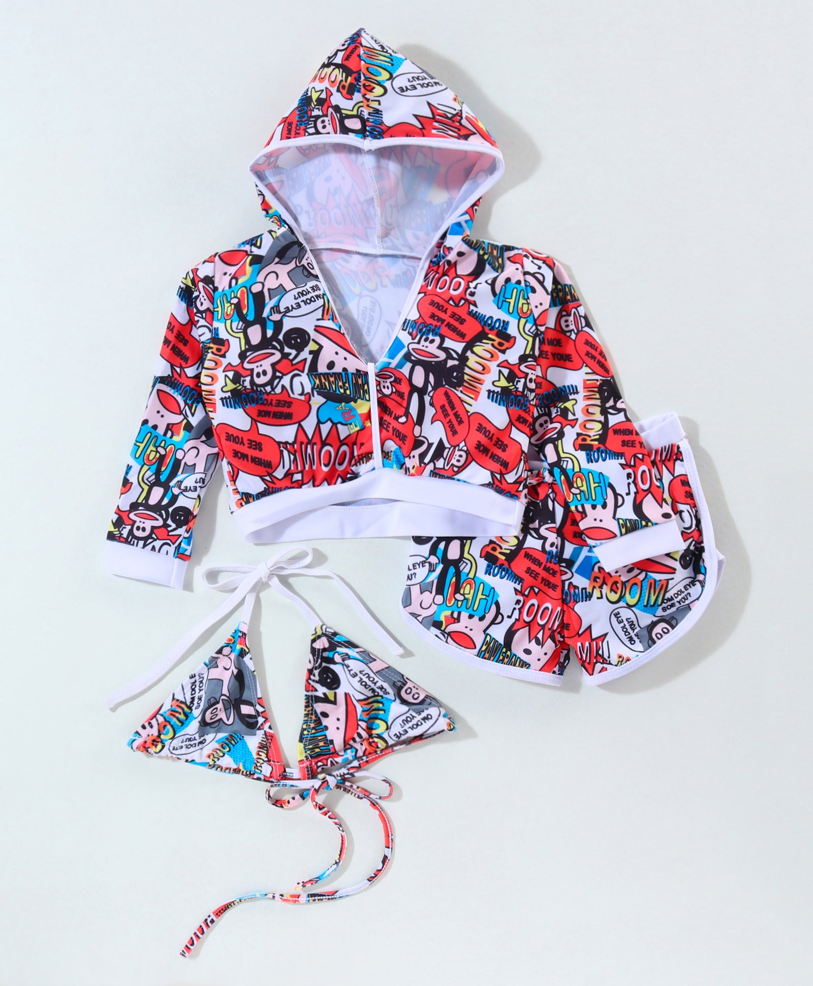MONKEY PRINTED BIKINI TOP & SHORTS STYLE 3 PIECE SWIMSUIT - WHITE & RED (2 TO 6 YEARS)