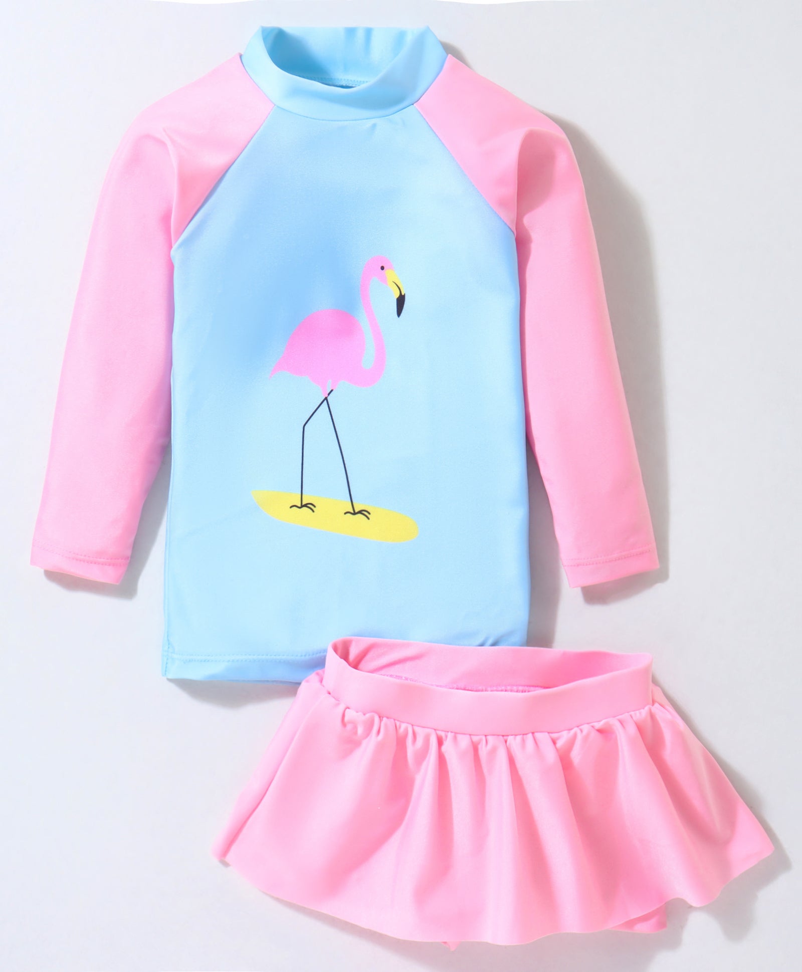KIDLINGSS FLAMINGO PRINT FULL SLEEVES SKIRT STYLE 2 PIECE SWIMSUIT - BLUE & PINK (1 TO 6 YEARS)