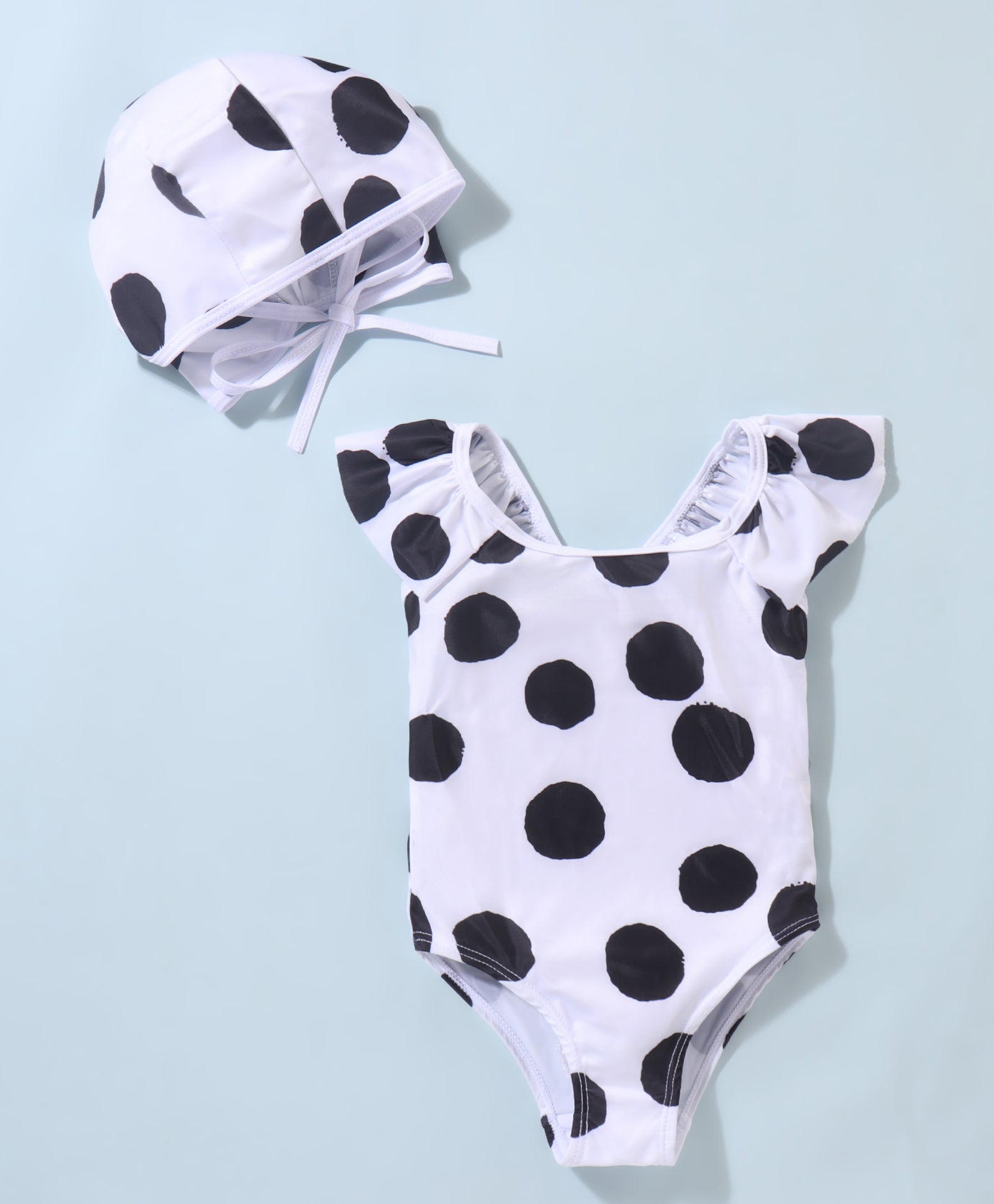 CAP SLEEVES POLKA DOTS PRINTED V CUT SWIMSUIT WITH CAP - WHITE & BLACK (2 TO 6 YEARS)