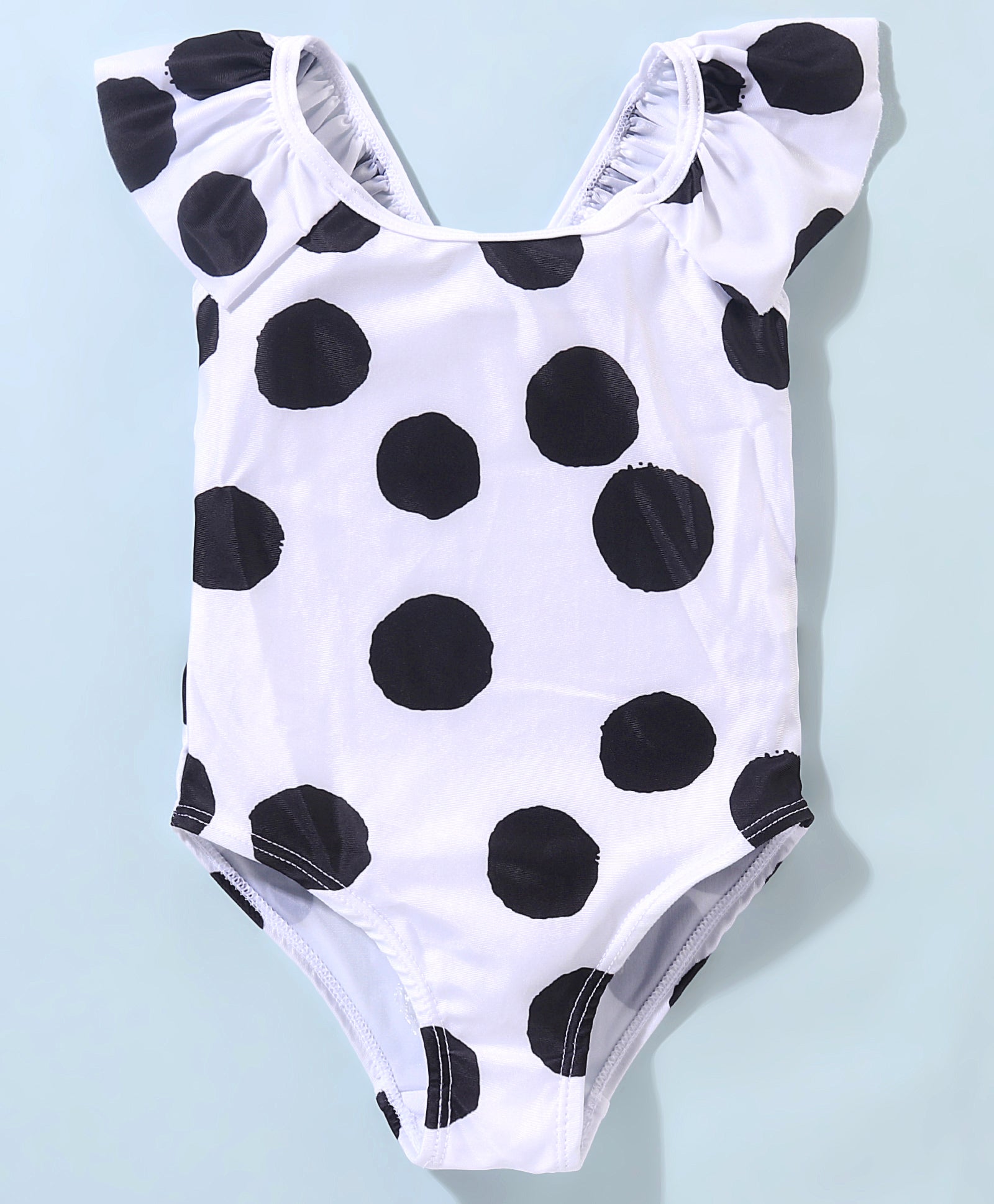 CAP SLEEVES POLKA DOTS PRINTED V CUT SWIMSUIT WITH CAP - WHITE & BLACK (2 TO 6 YEARS)