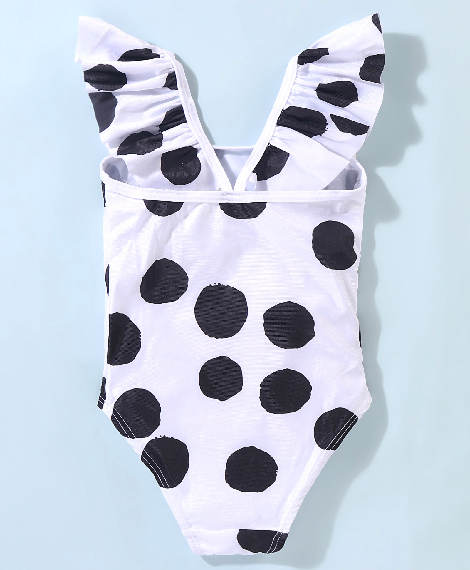 CAP SLEEVES POLKA DOTS PRINTED V CUT SWIMSUIT WITH CAP - WHITE & BLACK (2 TO 6 YEARS)