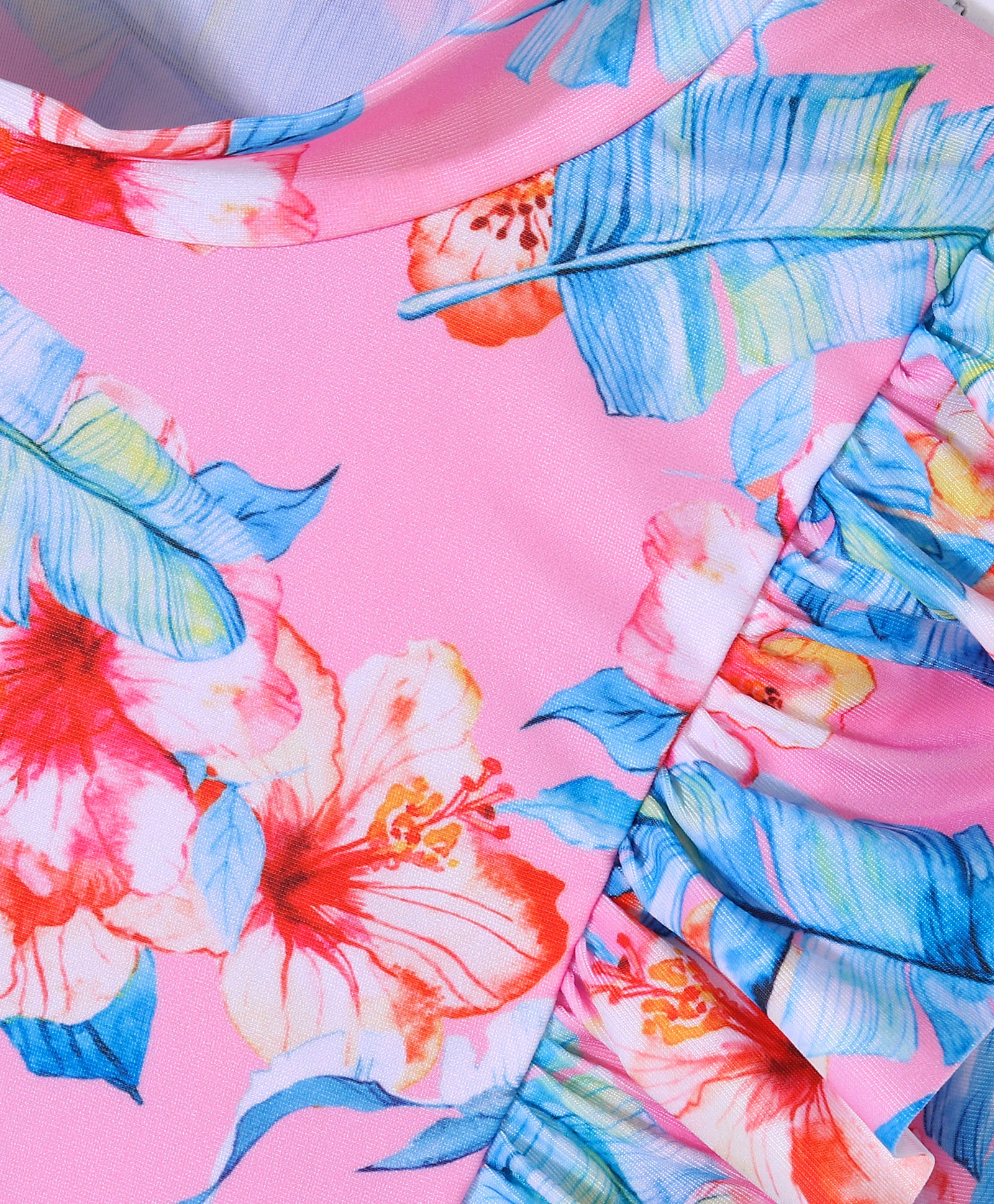 FLORAL & LEAVES PRINTED RUFFLED PATTERN SKIRT STYLE 2 PIECE SWIMSUIT - PINK (3 TO 10 YEARS)