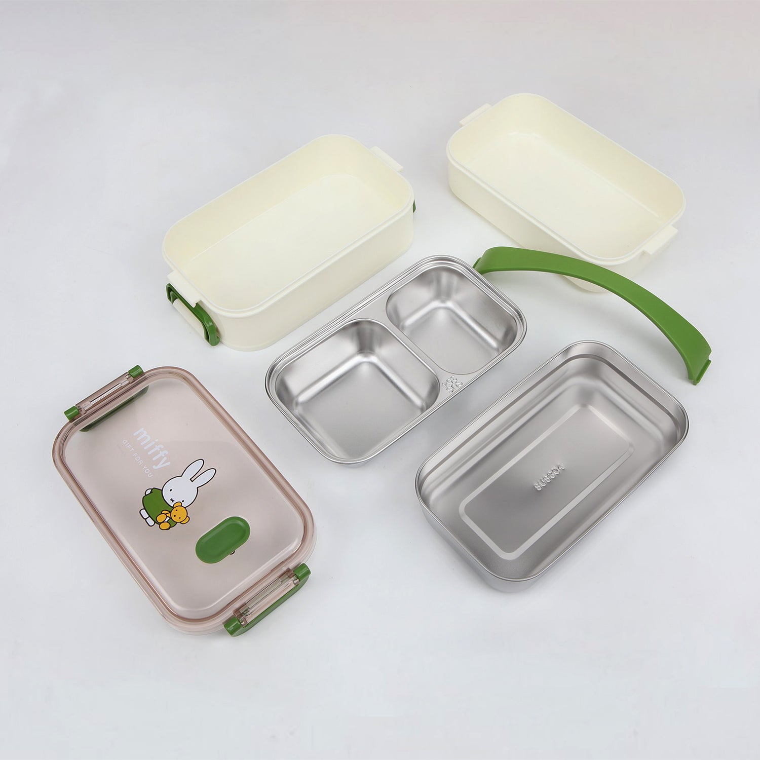 DOUBLE CONTAINER BUNNY RABBIT PRINT INSULATED LUNCH BOX - GREEN