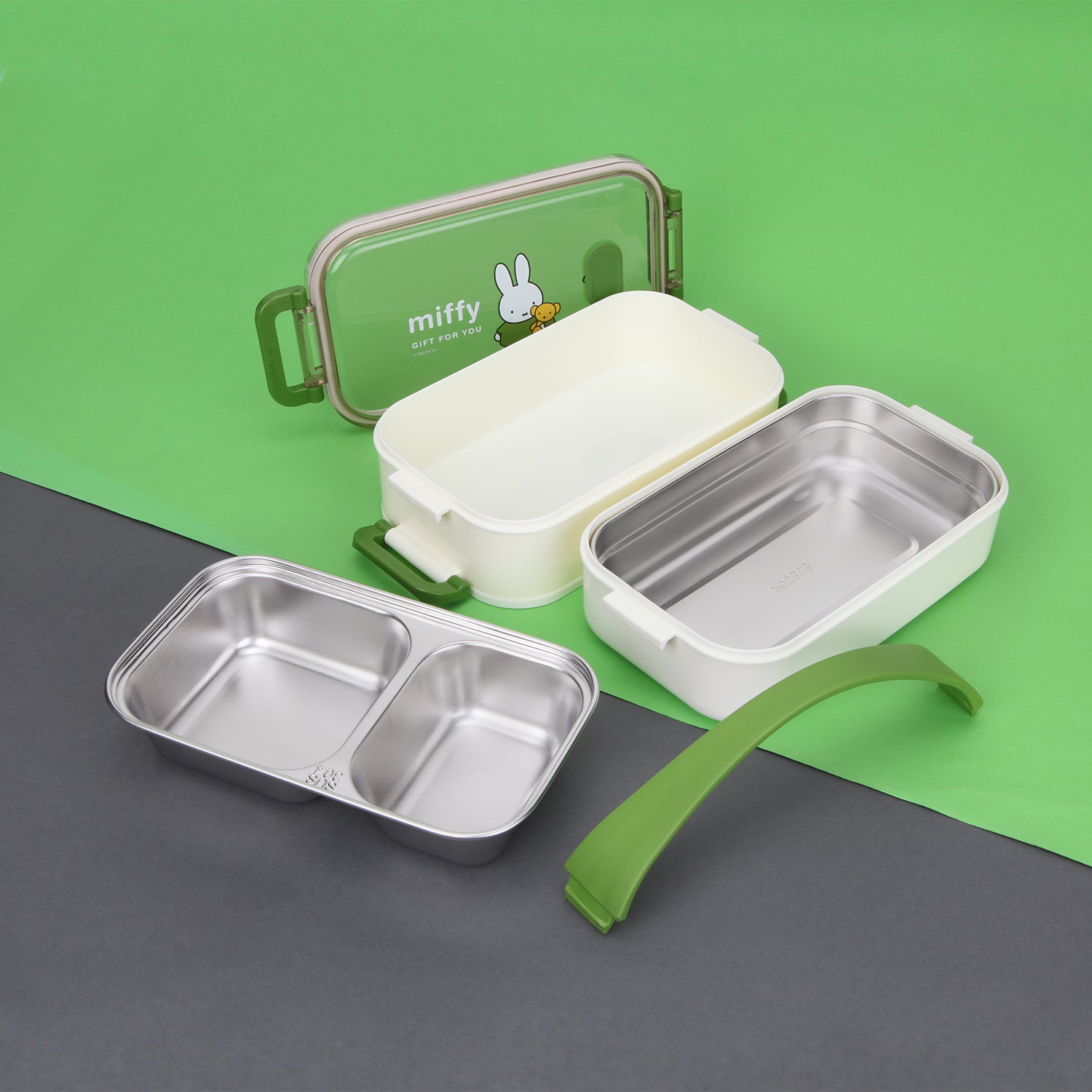 DOUBLE CONTAINER BUNNY RABBIT PRINT INSULATED LUNCH BOX - GREEN