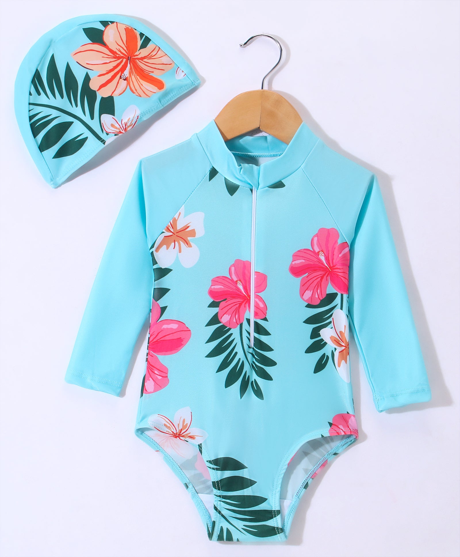 HIBISCUS FLOWER PRINTED FULL SLEEVES V CUT SWIMSUIT WITH CAP - LIGHT BLUE (2 TO 6 YEARS)