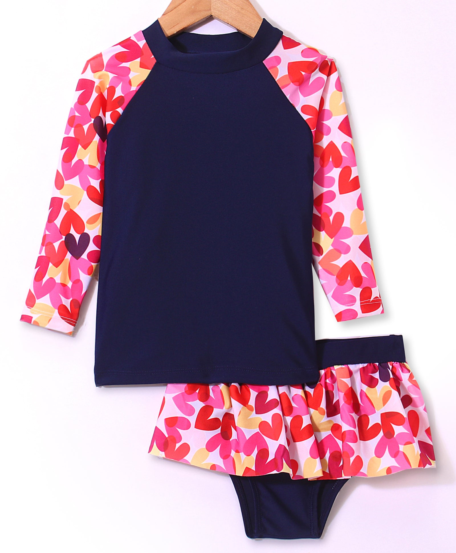 HEART PRINTED FULL SLEEVES SKIRT STYLE 2 PIECE SWIMSUIT - PINK & NAVY (1 TO 6 YEARS)