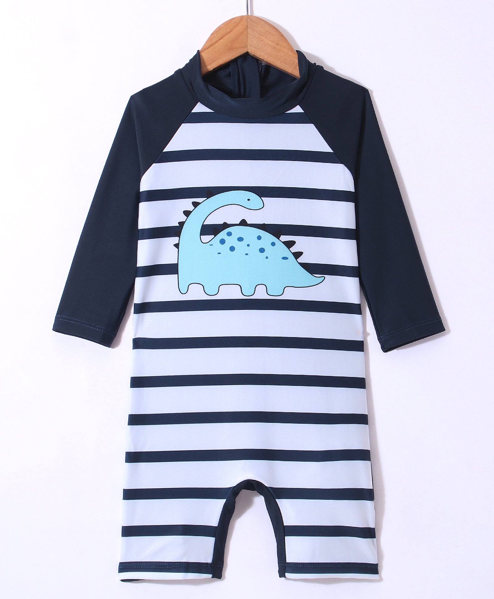 FULL SLEEVES DINOSUAR PRINTED & STRIPED LEGGED SWIMSUIT - WHITE & NAVY (2 TO 7 YEARS)
