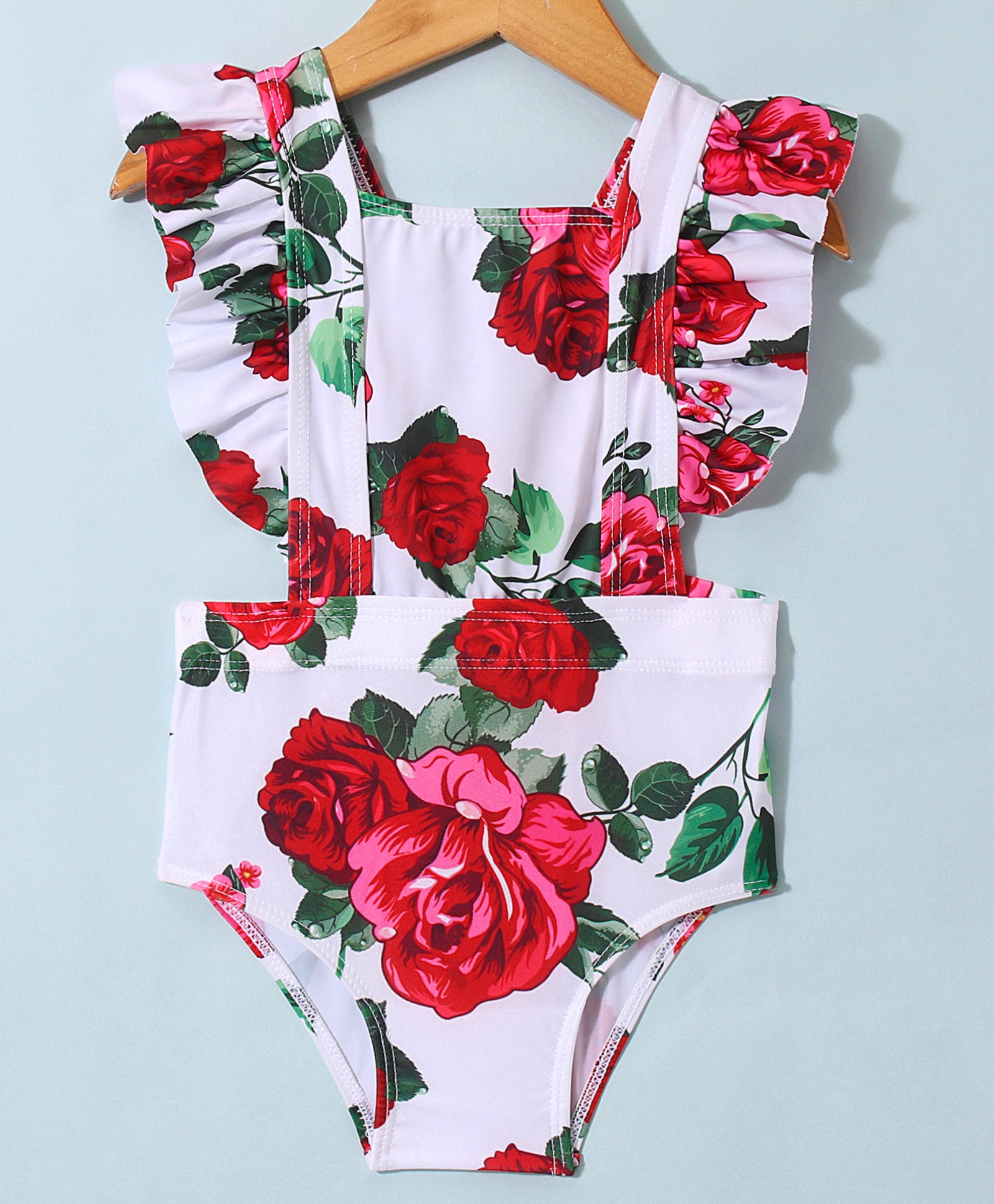 ROSE PRINTED CAP SLEEVES V CUT SWIMSUIT - RED (2 TO 7 YEARS)