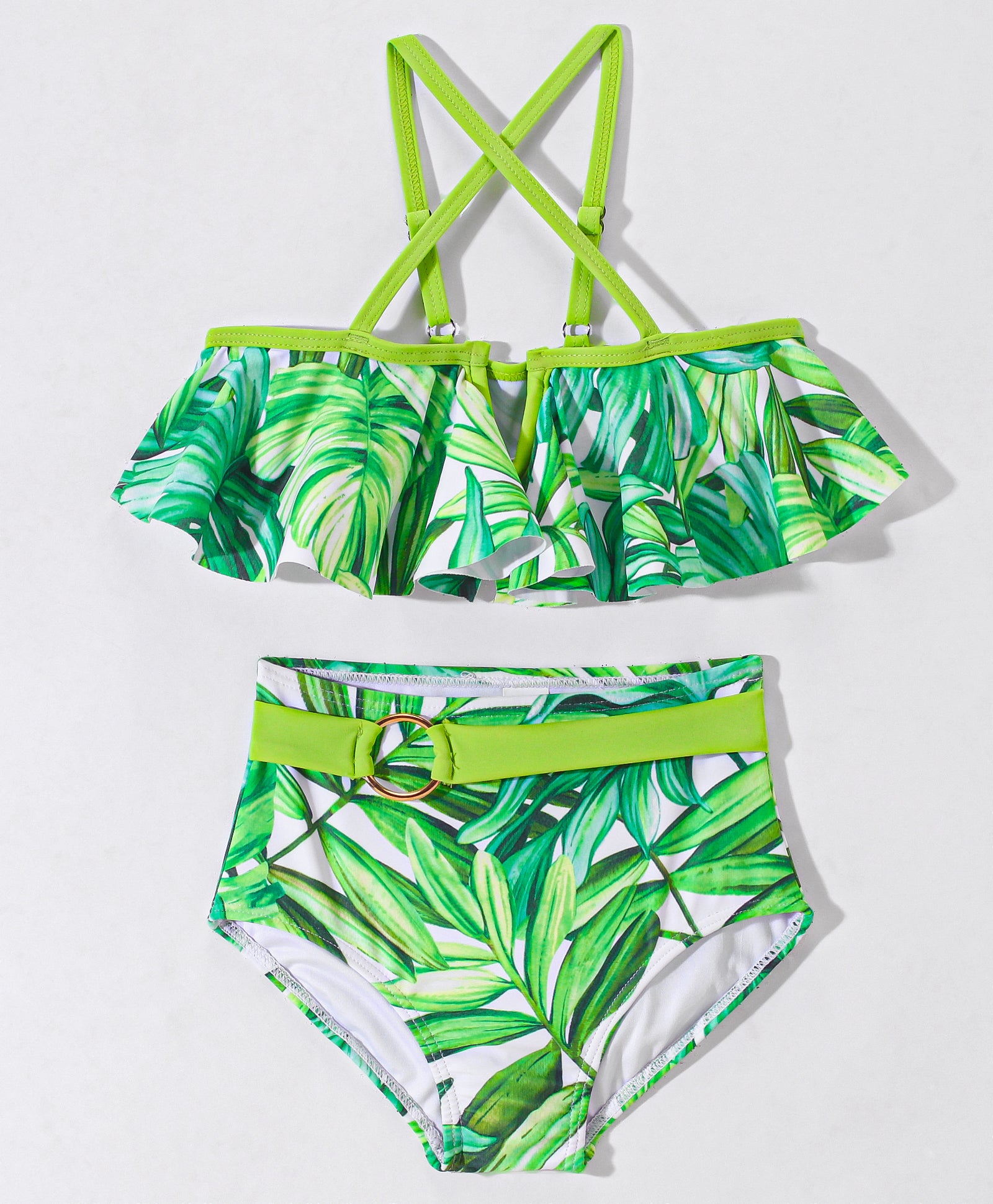 TROPICAL PRINT SPAGHETTI STYLE BUCKLE APPLIQUE 2 PIECE SWIMSUIT - GREEN (2 TO 9 YEARS)