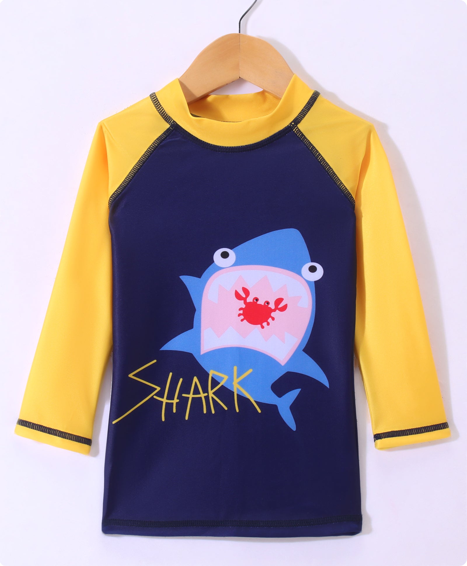 SHARK PRINTED RAGLAN SLEEVES 2 PIECE SWIMSUIT - YELLOW & BLUE (2 TO 7 YEARS)