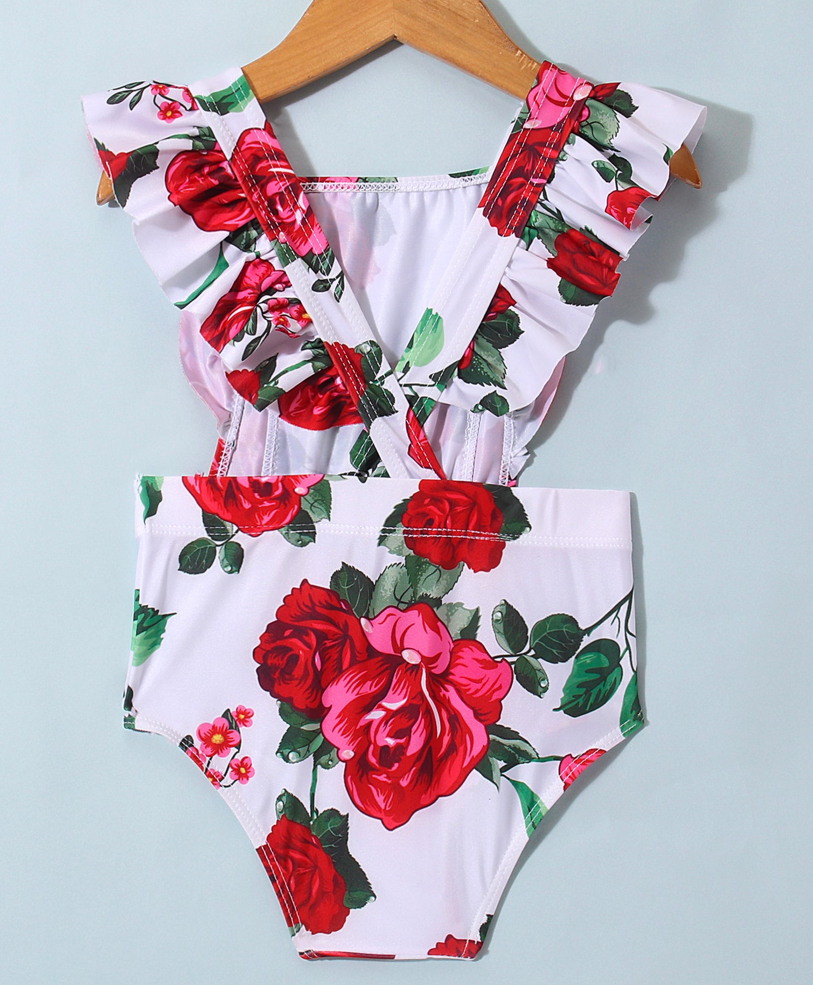ROSE PRINTED CAP SLEEVES V CUT SWIMSUIT - RED (2 TO 7 YEARS)