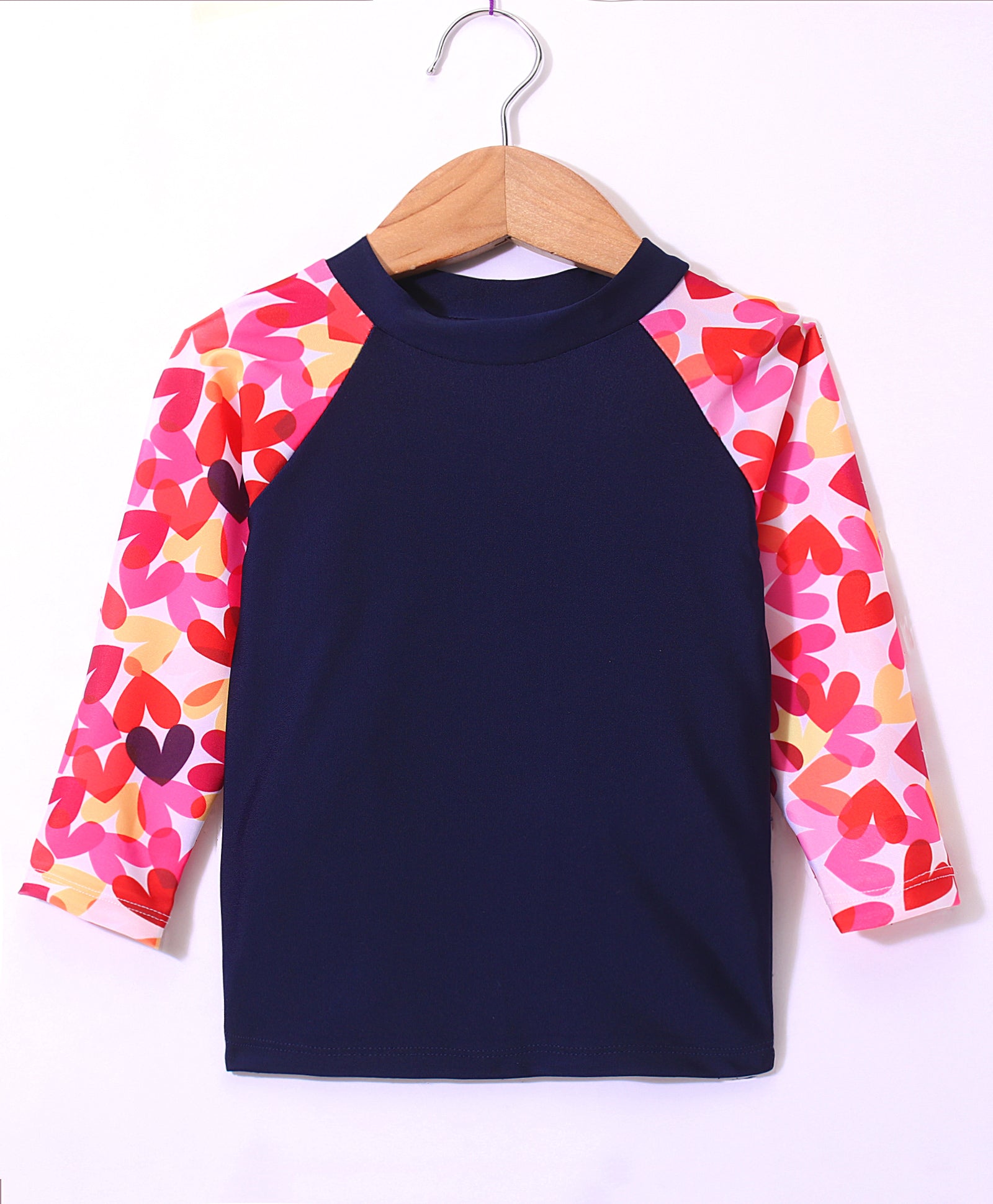 HEART PRINTED FULL SLEEVES SKIRT STYLE 2 PIECE SWIMSUIT - PINK & NAVY (1 TO 6 YEARS)