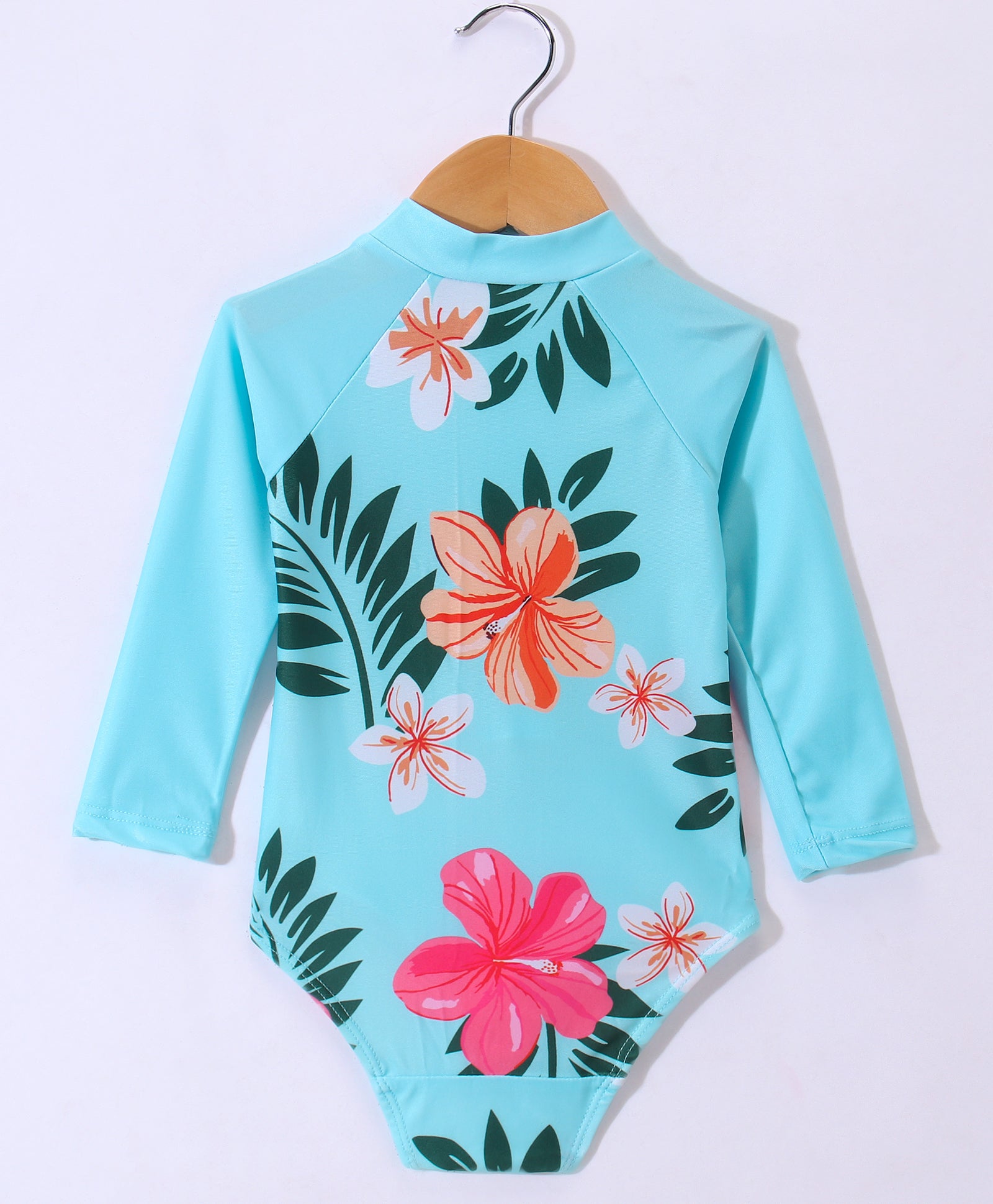 HIBISCUS FLOWER PRINTED FULL SLEEVES V CUT SWIMSUIT WITH CAP - LIGHT BLUE (2 TO 6 YEARS)