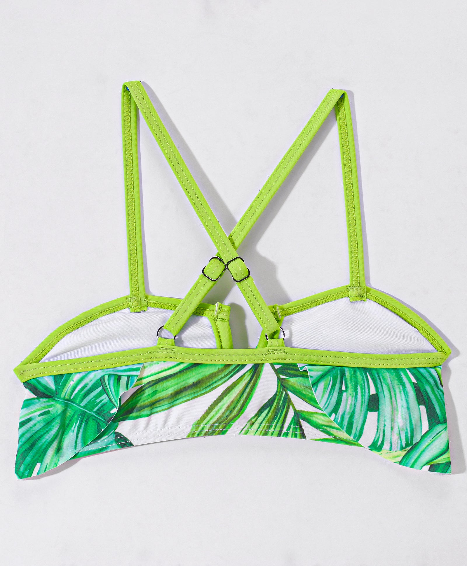 TROPICAL PRINT SPAGHETTI STYLE BUCKLE APPLIQUE 2 PIECE SWIMSUIT - GREEN (2 TO 9 YEARS)