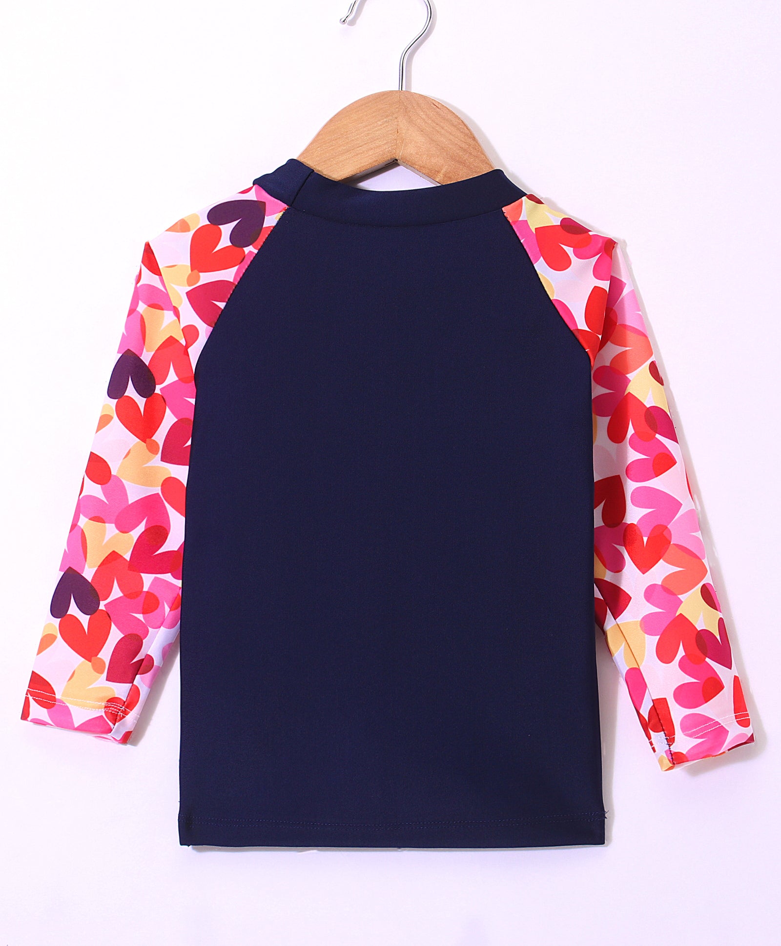HEART PRINTED FULL SLEEVES SKIRT STYLE 2 PIECE SWIMSUIT - PINK & NAVY (1 TO 6 YEARS)
