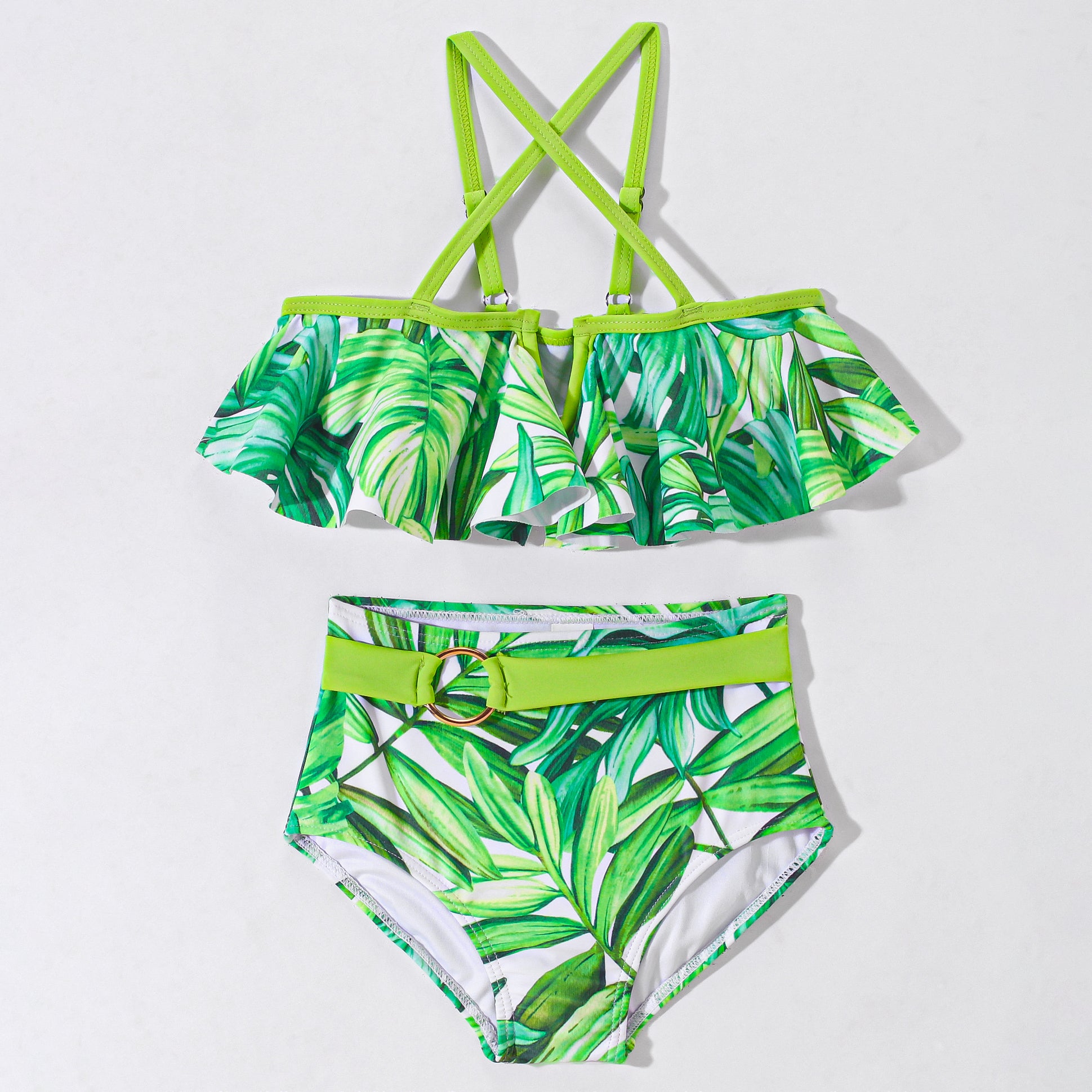 TROPICAL PRINT SPAGHETTI STYLE BUCKLE APPLIQUE 2 PIECE SWIMSUIT - GREEN (2 TO 9 YEARS)