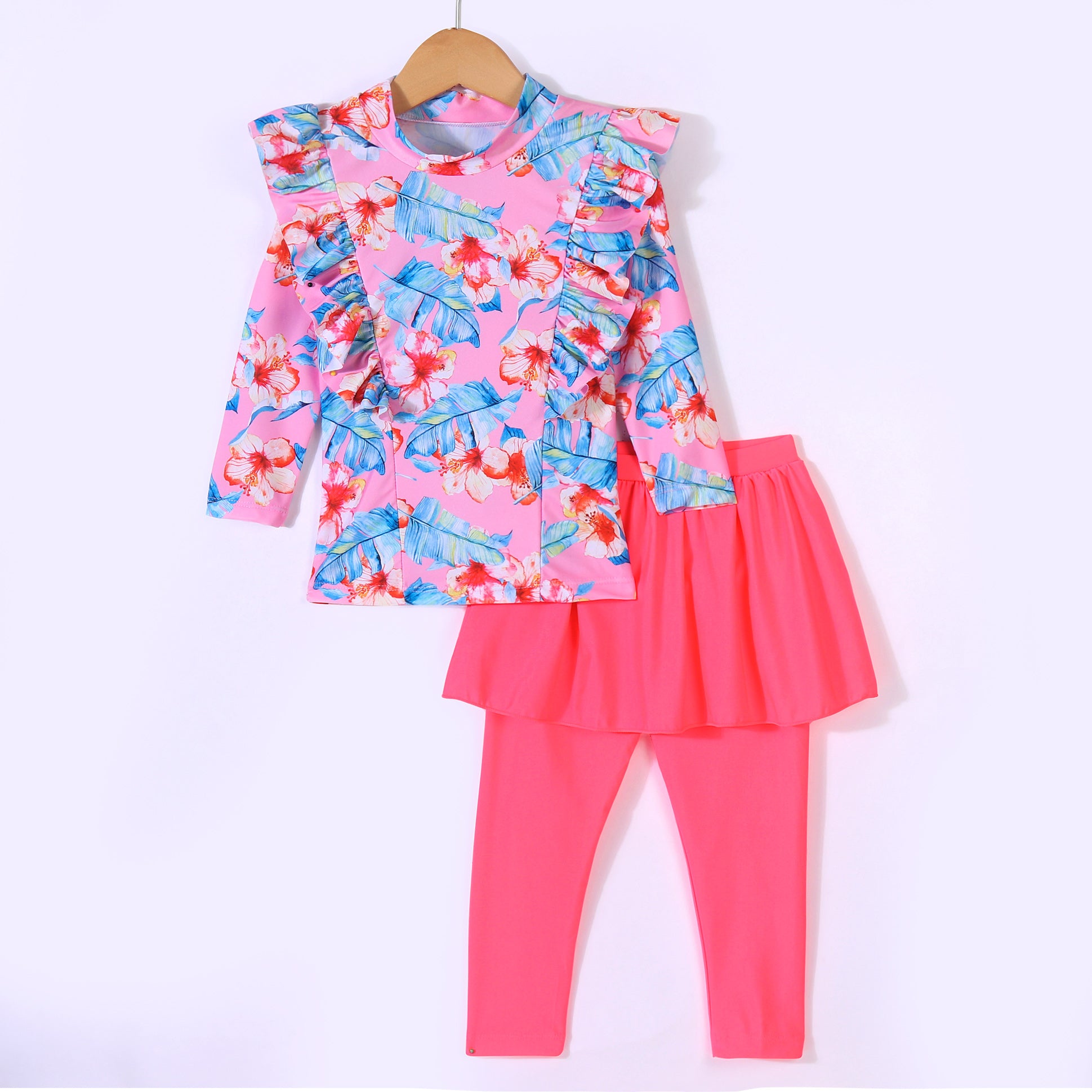 FLORAL & LEAVES PRINTED RUFFLED PATTERN SKIRT STYLE 2 PIECE SWIMSUIT - PINK (3 TO 10 YEARS)