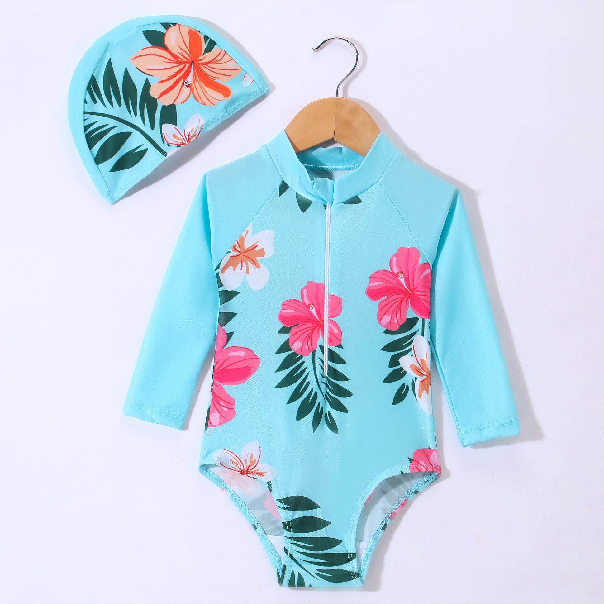 HIBISCUS FLOWER PRINTED FULL SLEEVES V CUT SWIMSUIT WITH CAP - LIGHT BLUE (2 TO 6 YEARS)