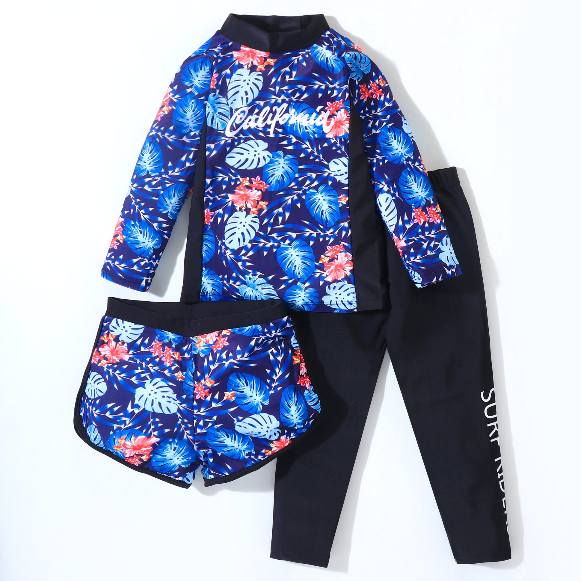 LEAVES PRINTED 3 PIECE SWIMSUIT - BLUE & BLACK (3 TO 10 YEARS)