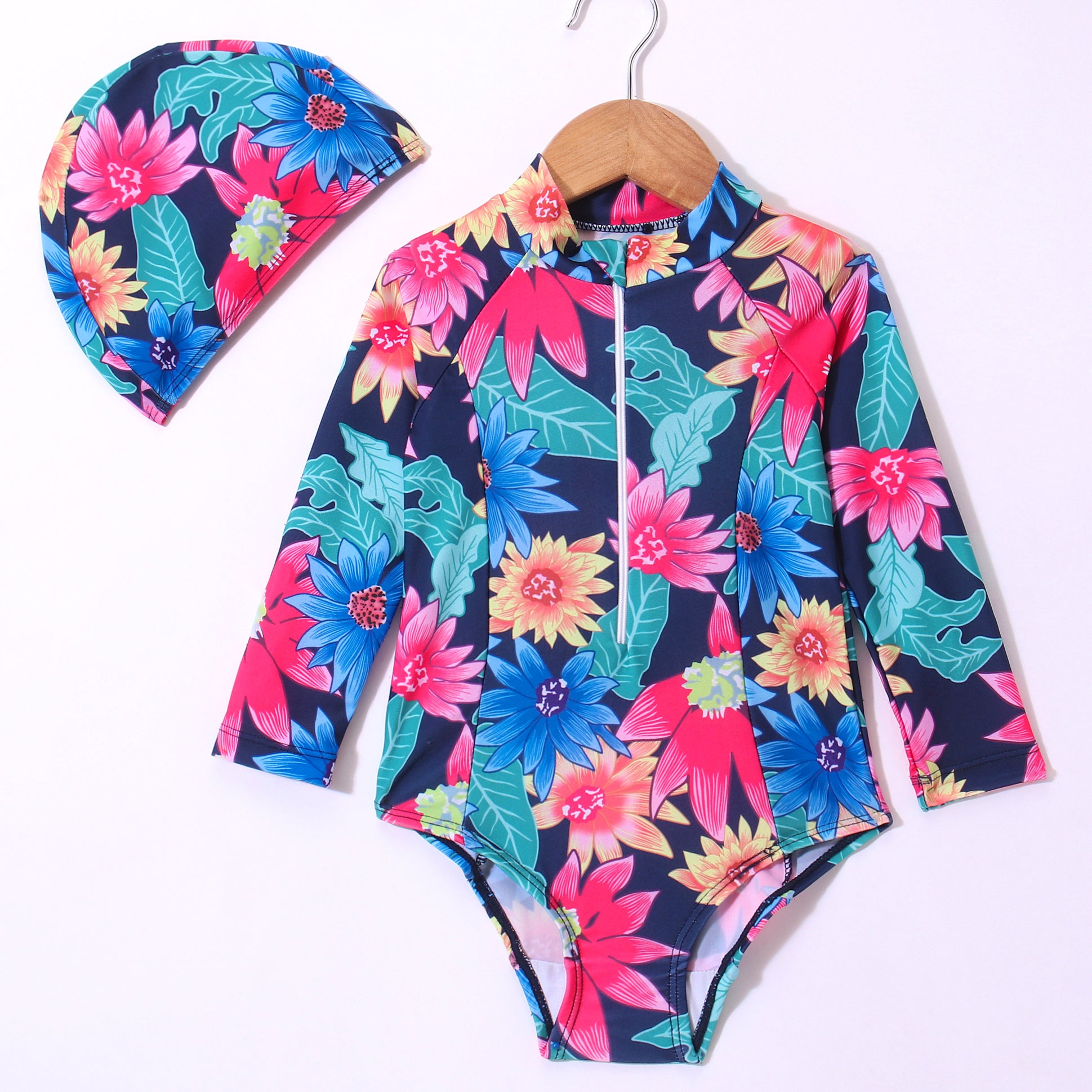 SUNFLOWER PRINTED FULL SLEEVES V CUT SWIMSUIT WITH CAP - MULTICOLOR (2 TO 6 YEARS)
