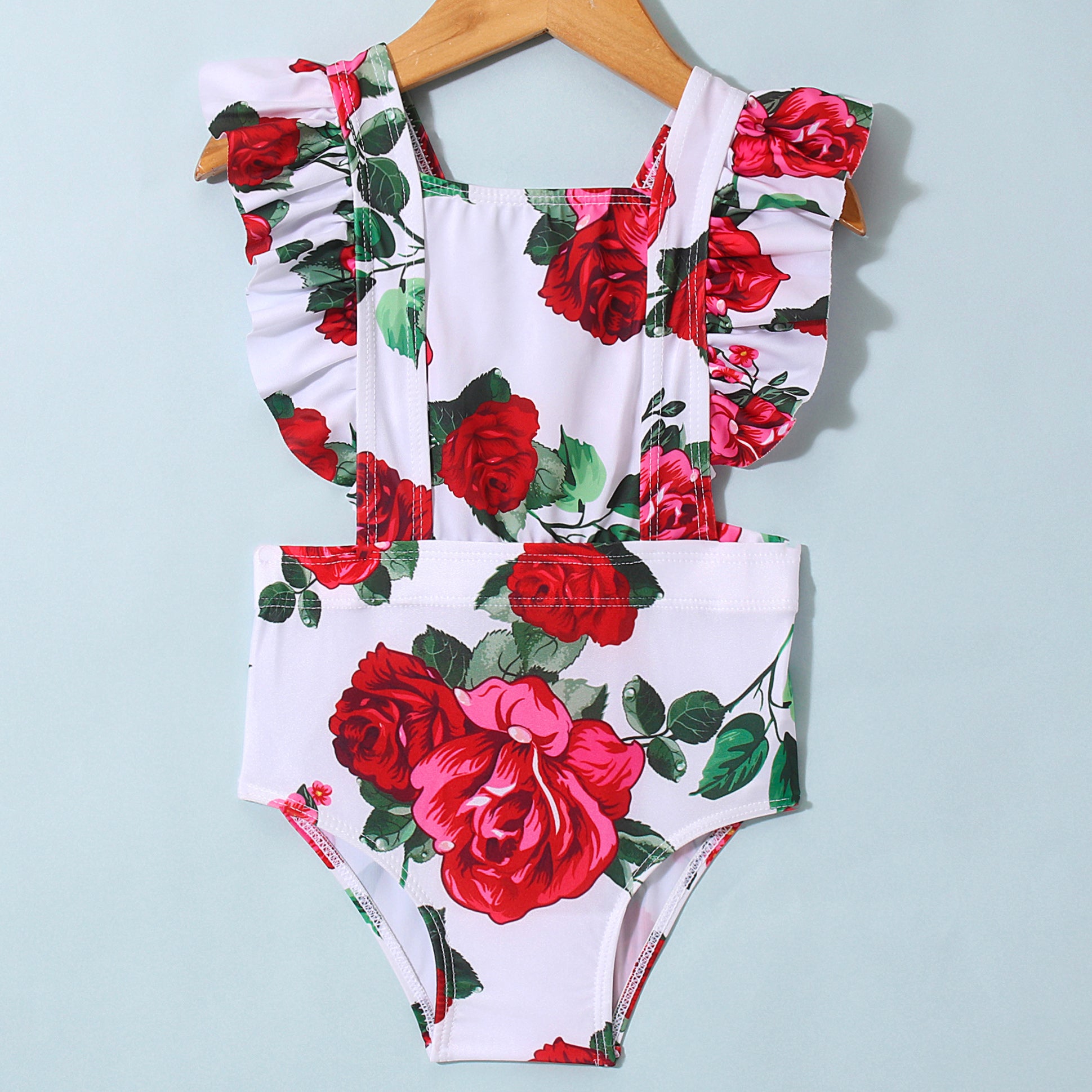 ROSE PRINTED CAP SLEEVES V CUT SWIMSUIT - RED (2 TO 7 YEARS)