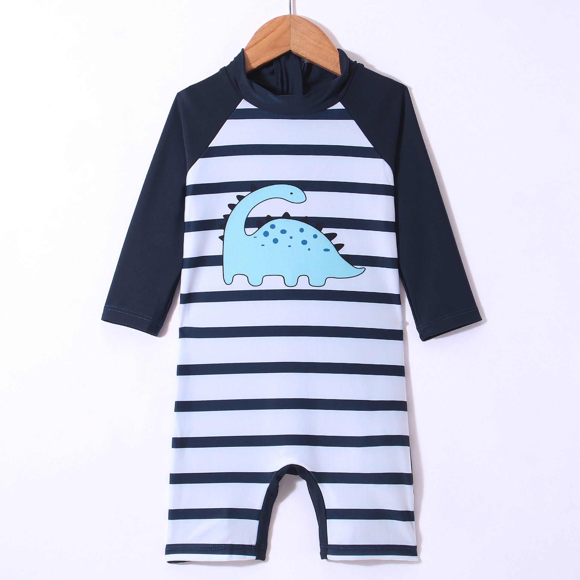 FULL SLEEVES DINOSUAR PRINTED & STRIPED LEGGED SWIMSUIT - WHITE & NAVY (2 TO 7 YEARS)