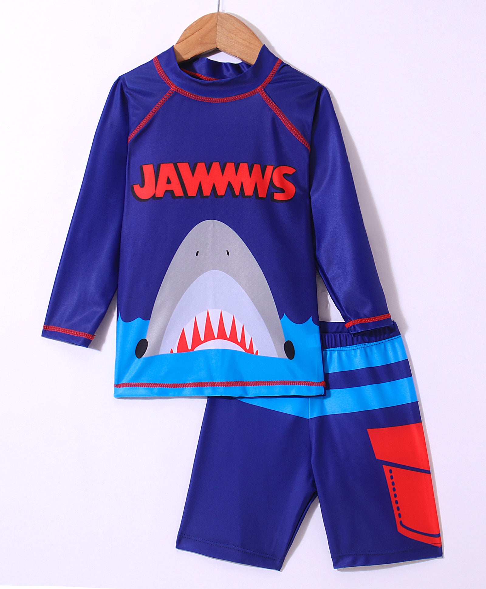 JAWS PRINT RAGLAN FULL SLEEVES 2 PICE SWIMSUIT - NAVY BLUE (2 TO 7 YEARS)