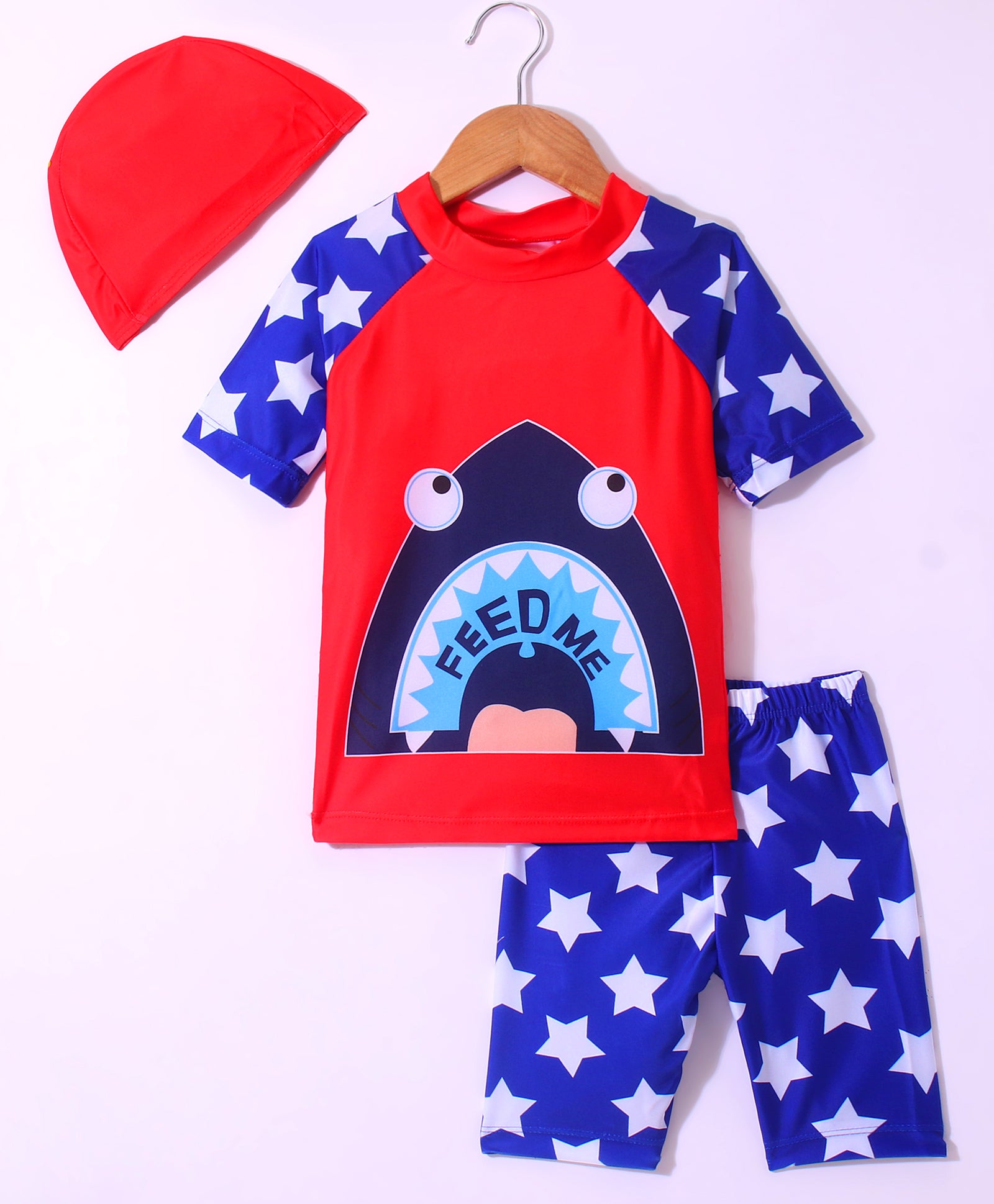 WHALE PRINT HALF SLEEVES 2 PIECE SWIMSUIT WITH CAP - RED & BLUE (2 TO 7 YEARS)