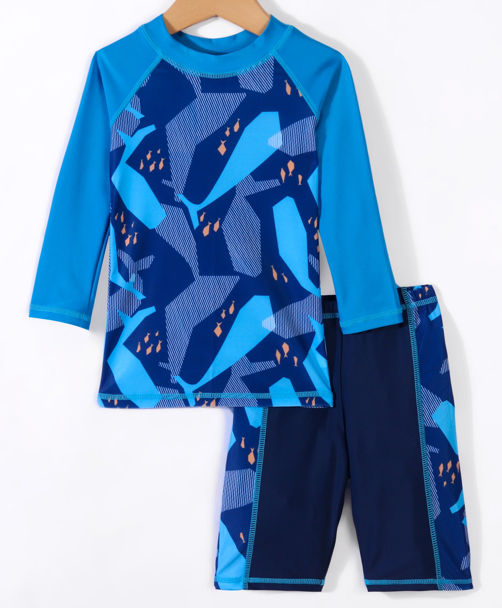 WHALE PRINTED RAGLAN SLEEVES 2 PIECE SWIMSUIT - DARK BLUE (2 TO 7 YEARS)