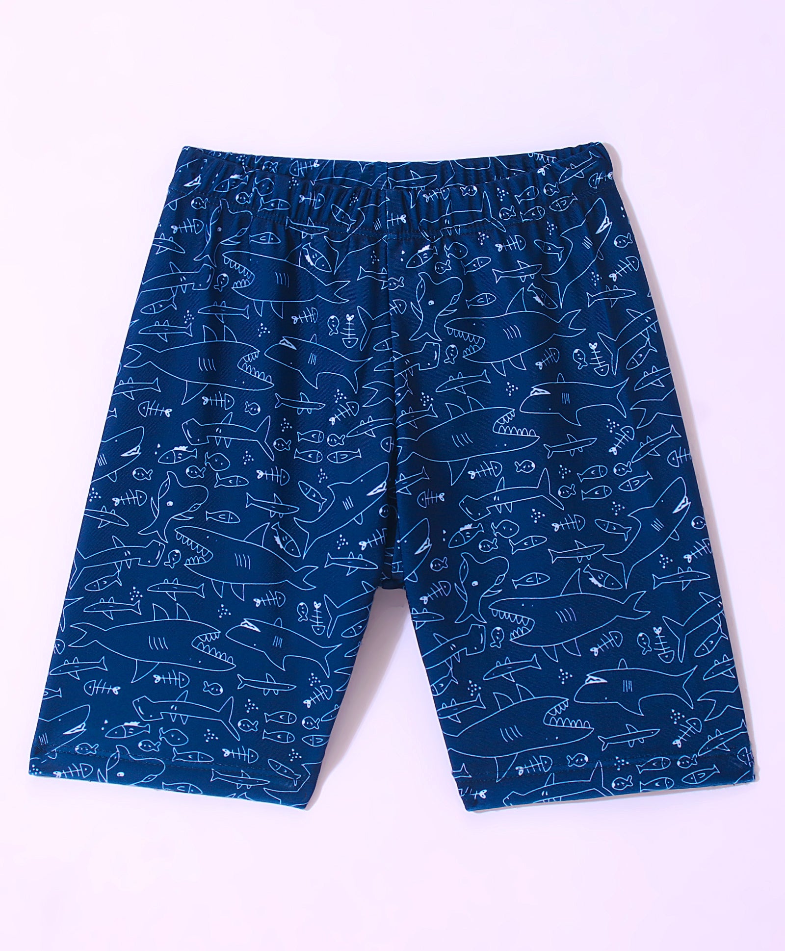 SHARK & BURGER PRINT RAGLAN HALF SLEEVES 2 PIECE SWIMSUIT WITH CAP - BLUE (2 TO 7 YEARS)