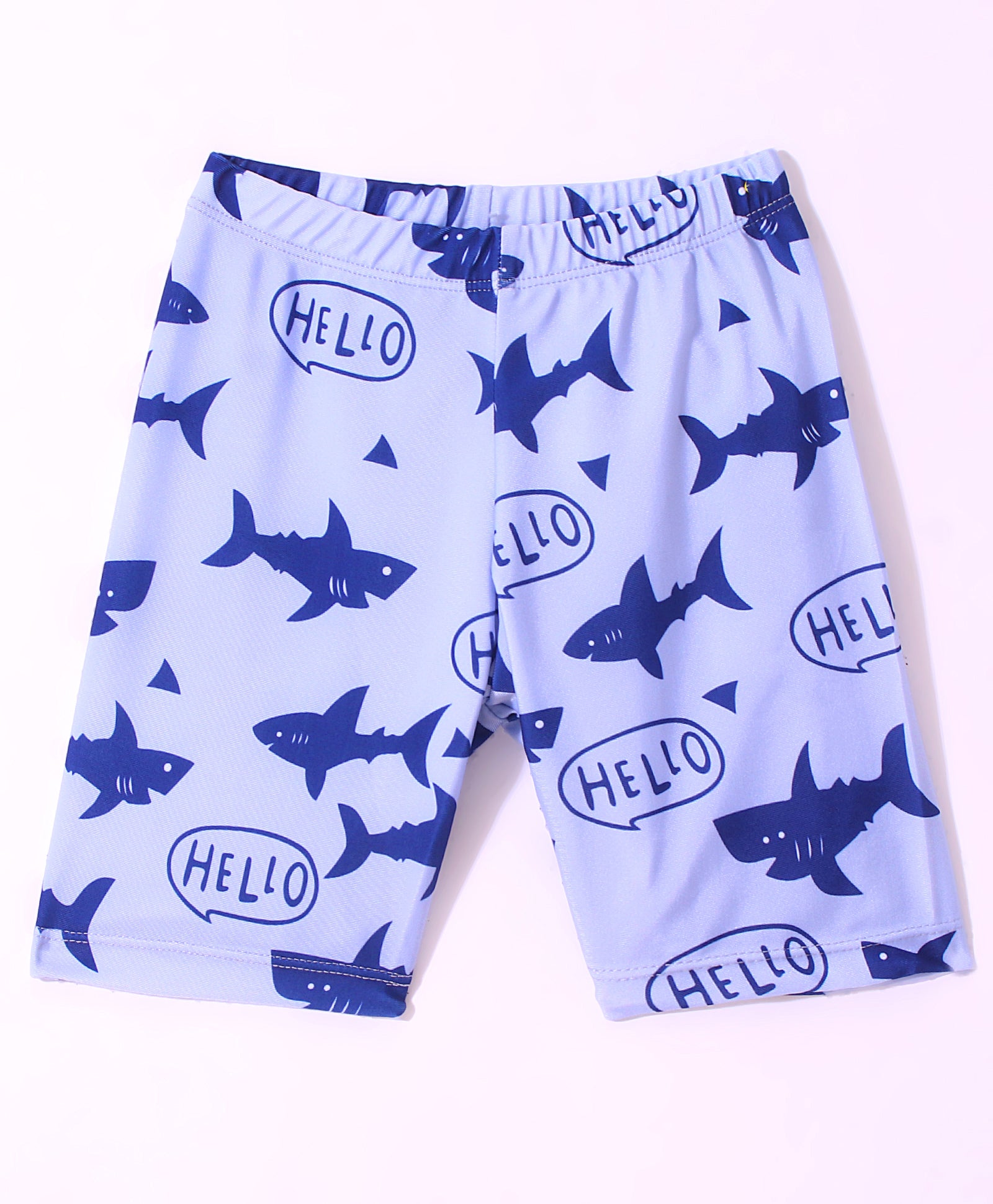 SURFER SHARK PRINT RAGLAN SLEEVES 2 PIECE SWIMSUIT WITH CAP - DARK BLUE & WHITE (2 TO 7 YEARS)