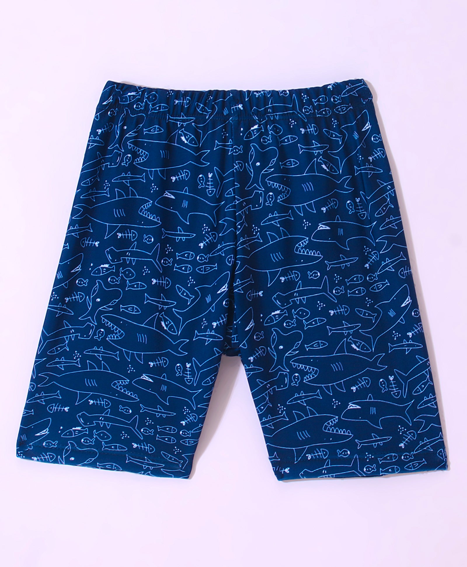 SHARK & BURGER PRINT RAGLAN HALF SLEEVES 2 PIECE SWIMSUIT WITH CAP - BLUE (2 TO 7 YEARS)