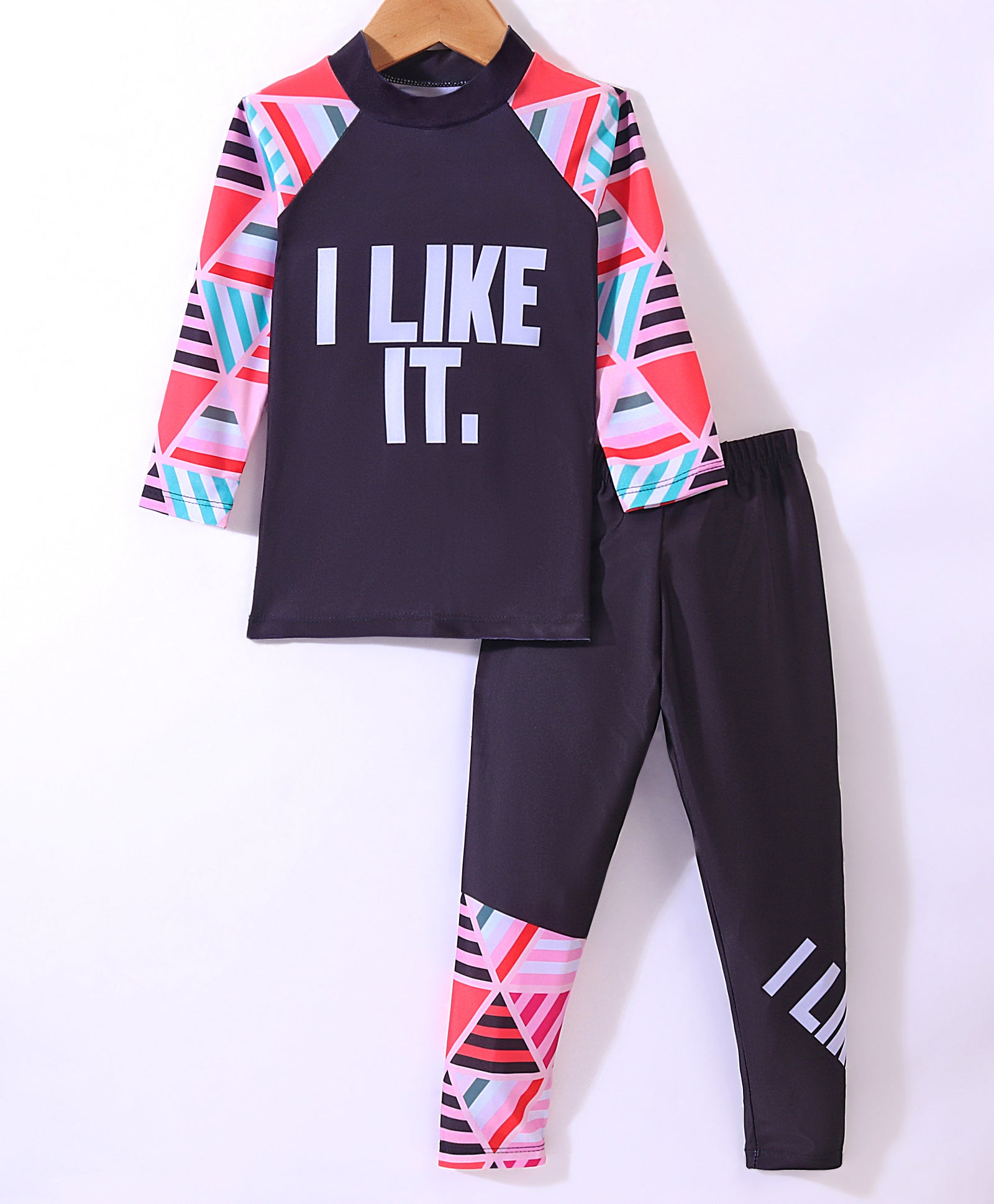ABSTRACT PRINT FULL SLEEVES 2 PIECE SWIMSUIT - PINK & BLACK (3 TO 10 YEARS)