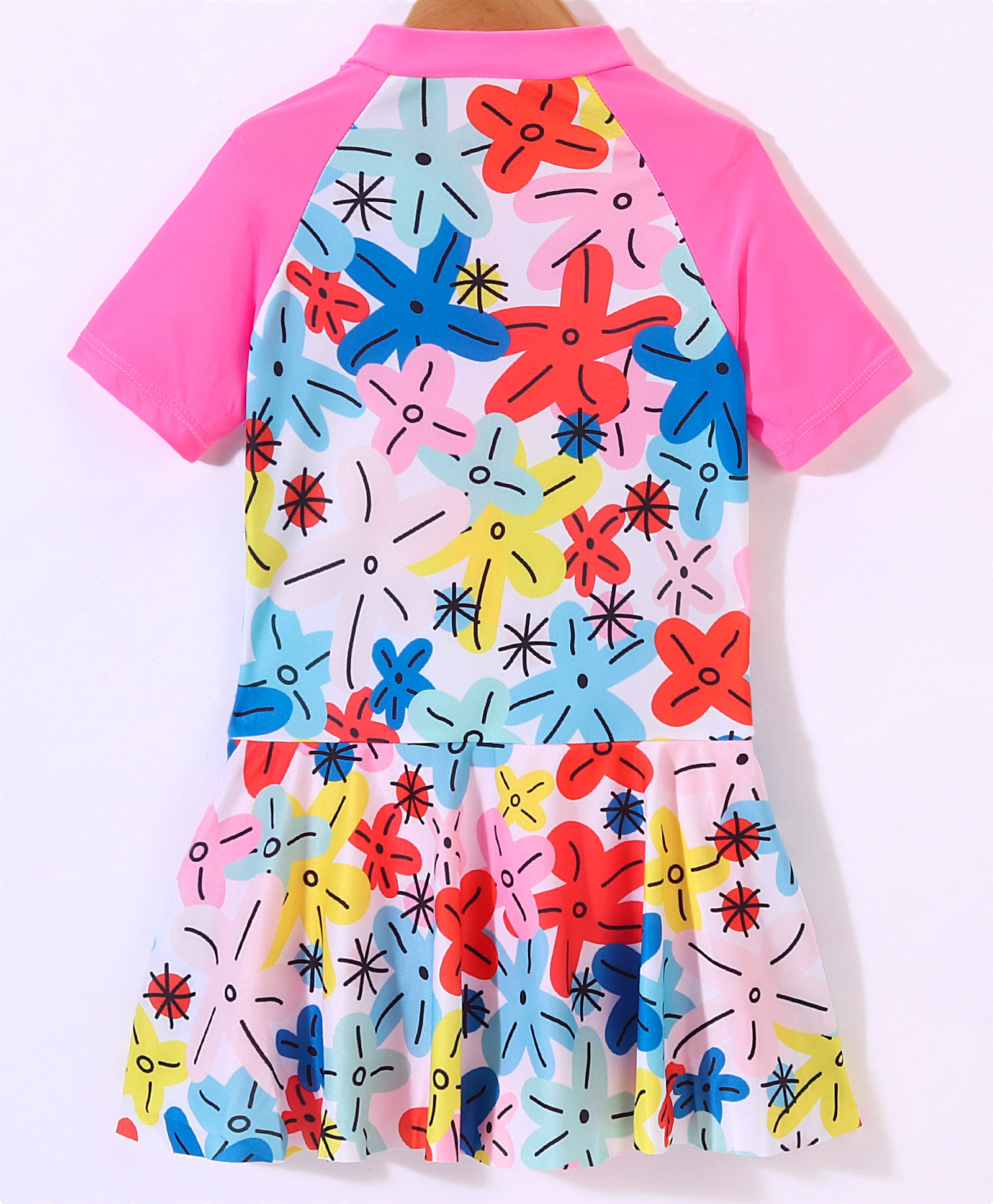 FLOWER PRINTED HALF SLEEVES FROCK STYLE SWIMSUIT - PINK (2 TO 6 YEARS)