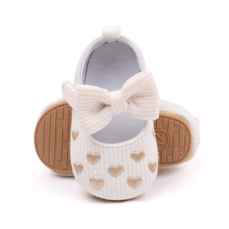 Heart Embroidered Bow Applique Booties - Cream