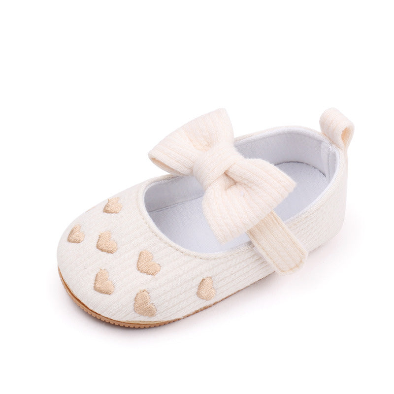Heart Embroidered Bow Applique Booties - Cream