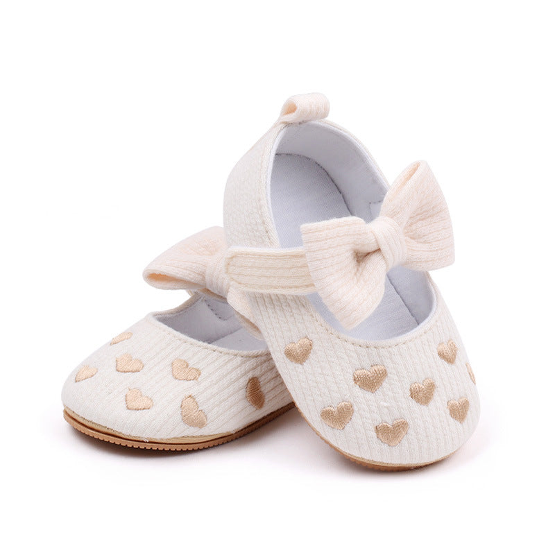 Heart Embroidered Bow Applique Booties - Cream