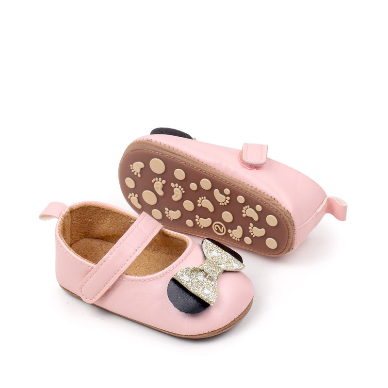 Glittered Bow Applique Booties - Pink
