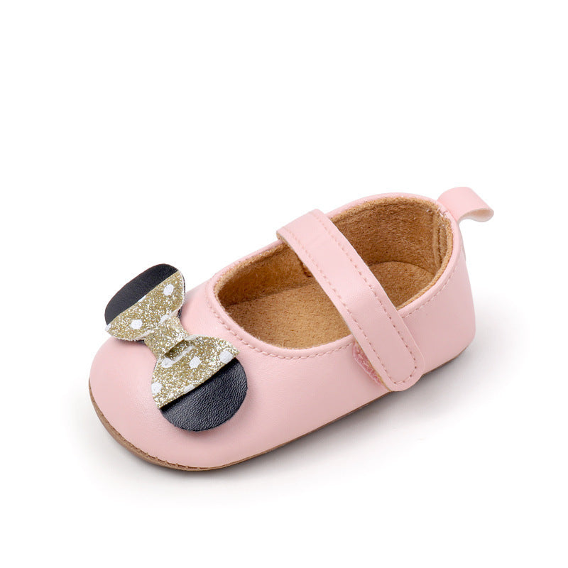 Glittered Bow Applique Booties - Pink