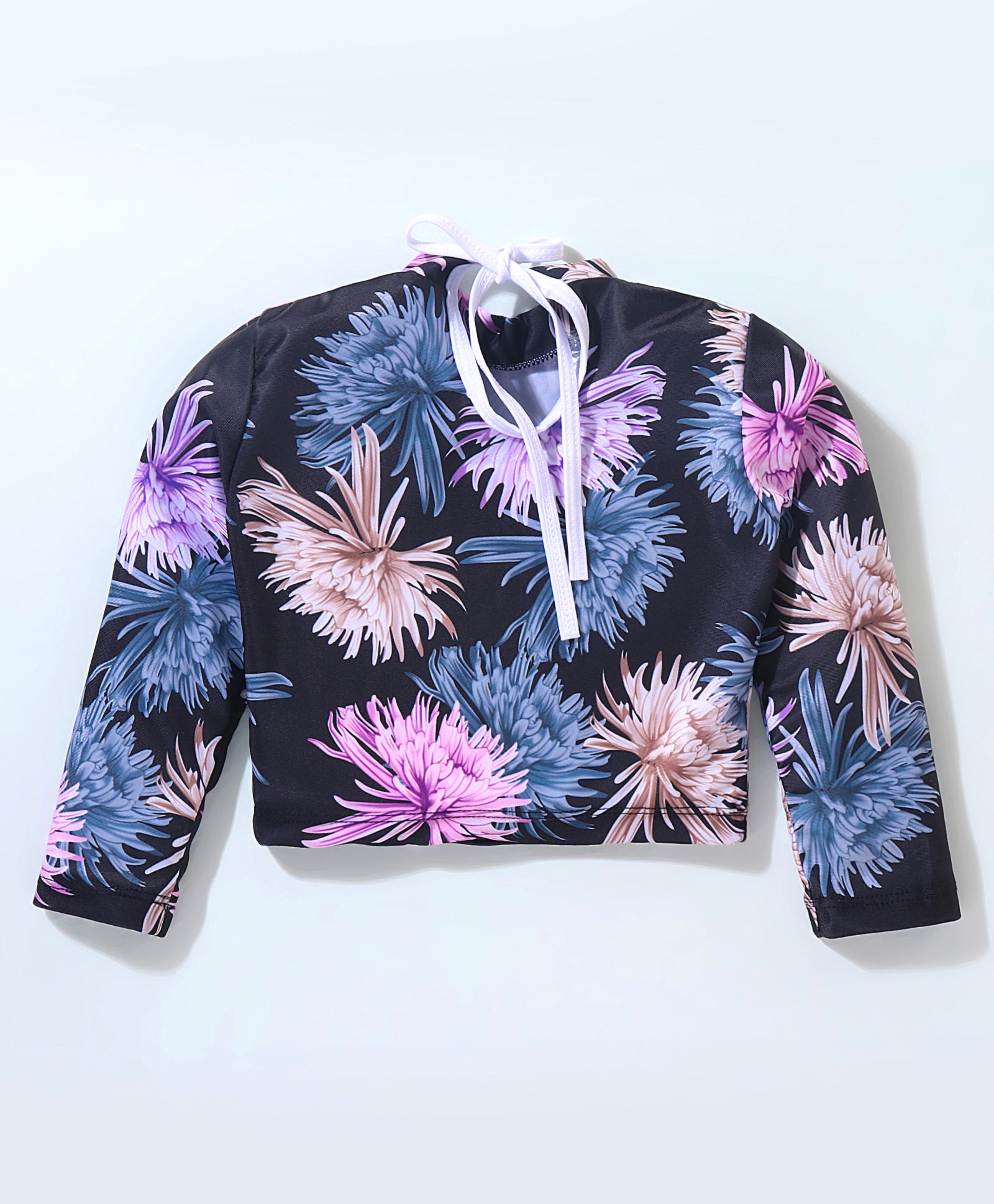 FLORAL PRINTED CROP TOP & HIGH WAIST SHORTS STYLE 2 PIECE SWIMSUIT WITH CAP  - BLACK & MAUVE (2 TO 6 YEARS)