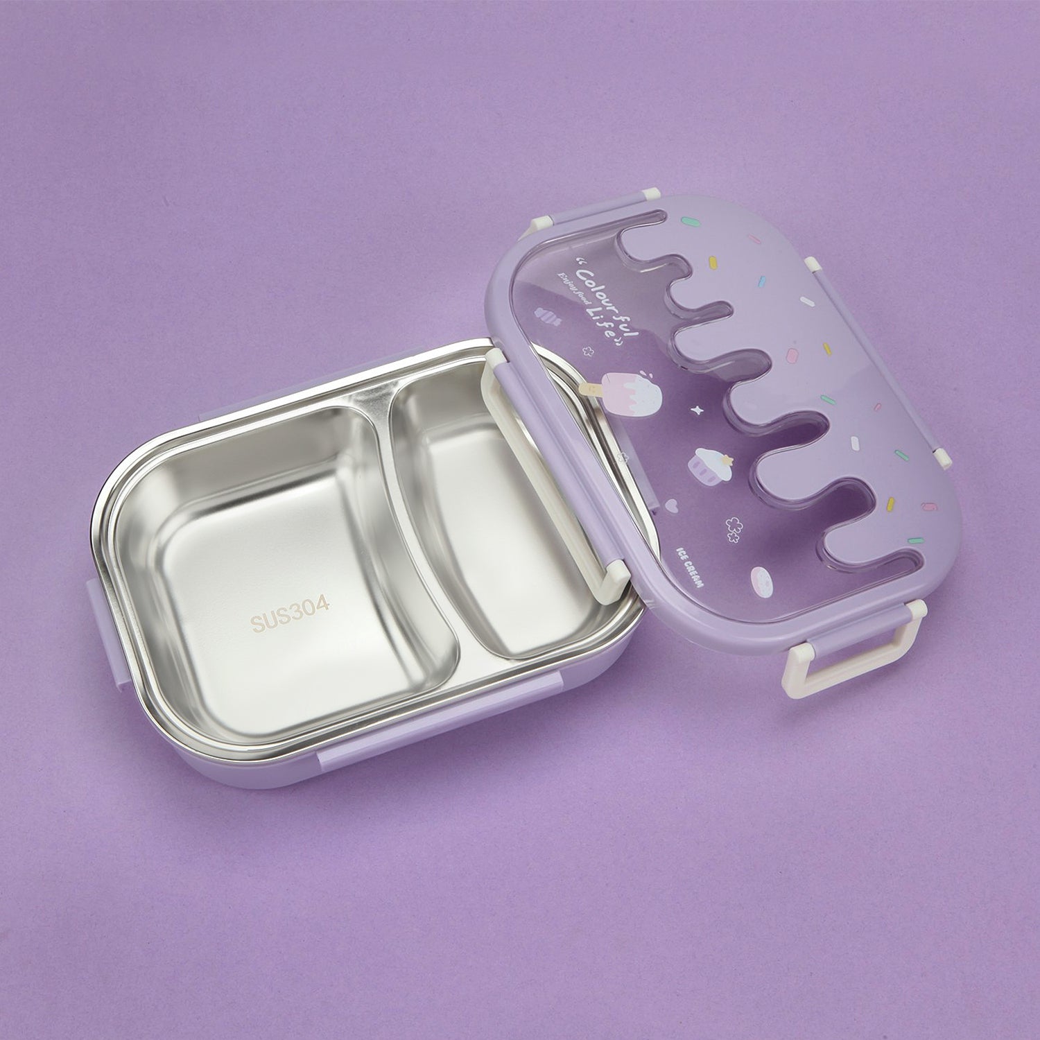 DOUBLE COMPARTMENT ICE-CREAM PRINT INSULATED LUNCH BOX -  PURPLE