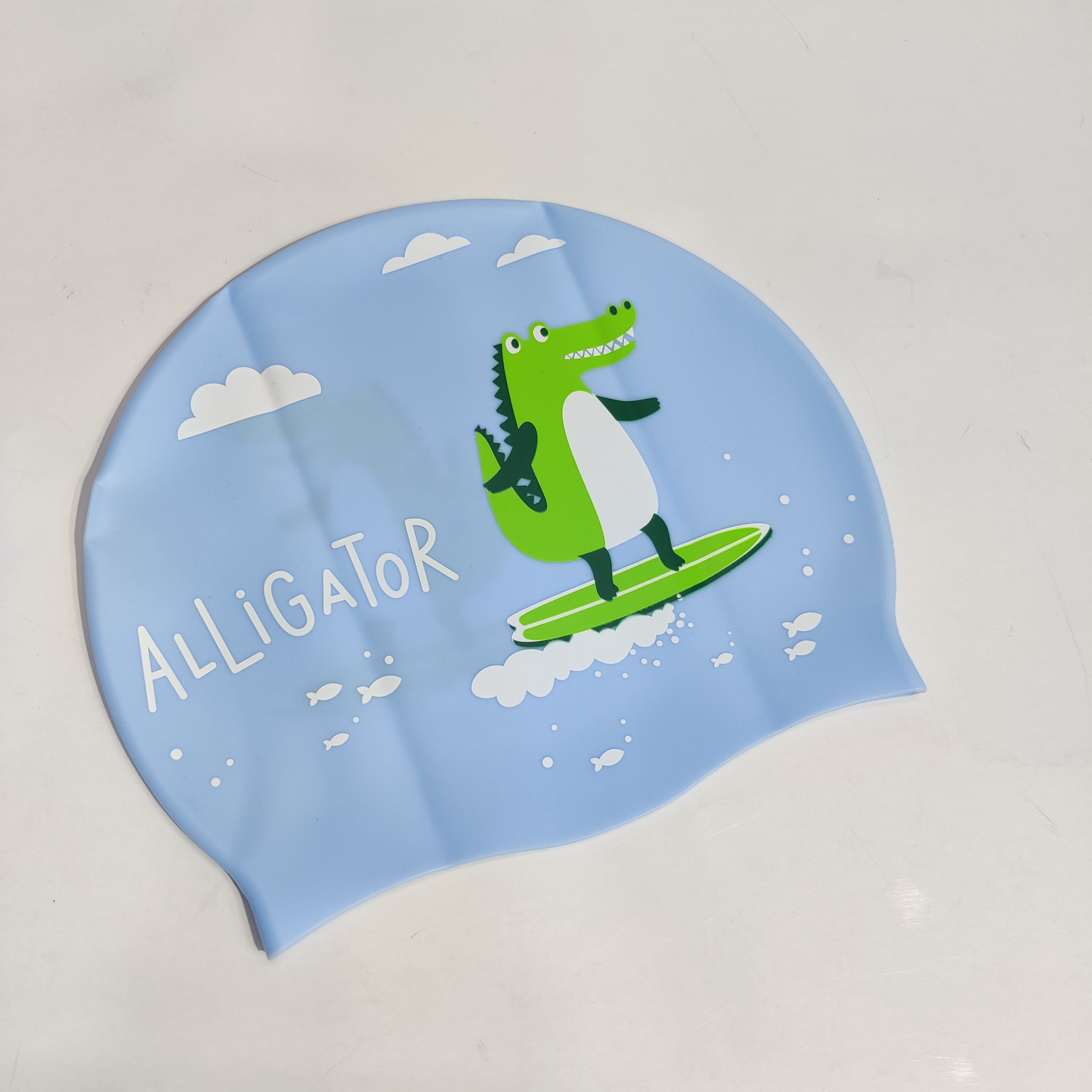KOTTAGE KULTURE ALLIGATOR PRINT SUPER SOFT SILICONE SWIMMING CAP - LIGHT BLUE