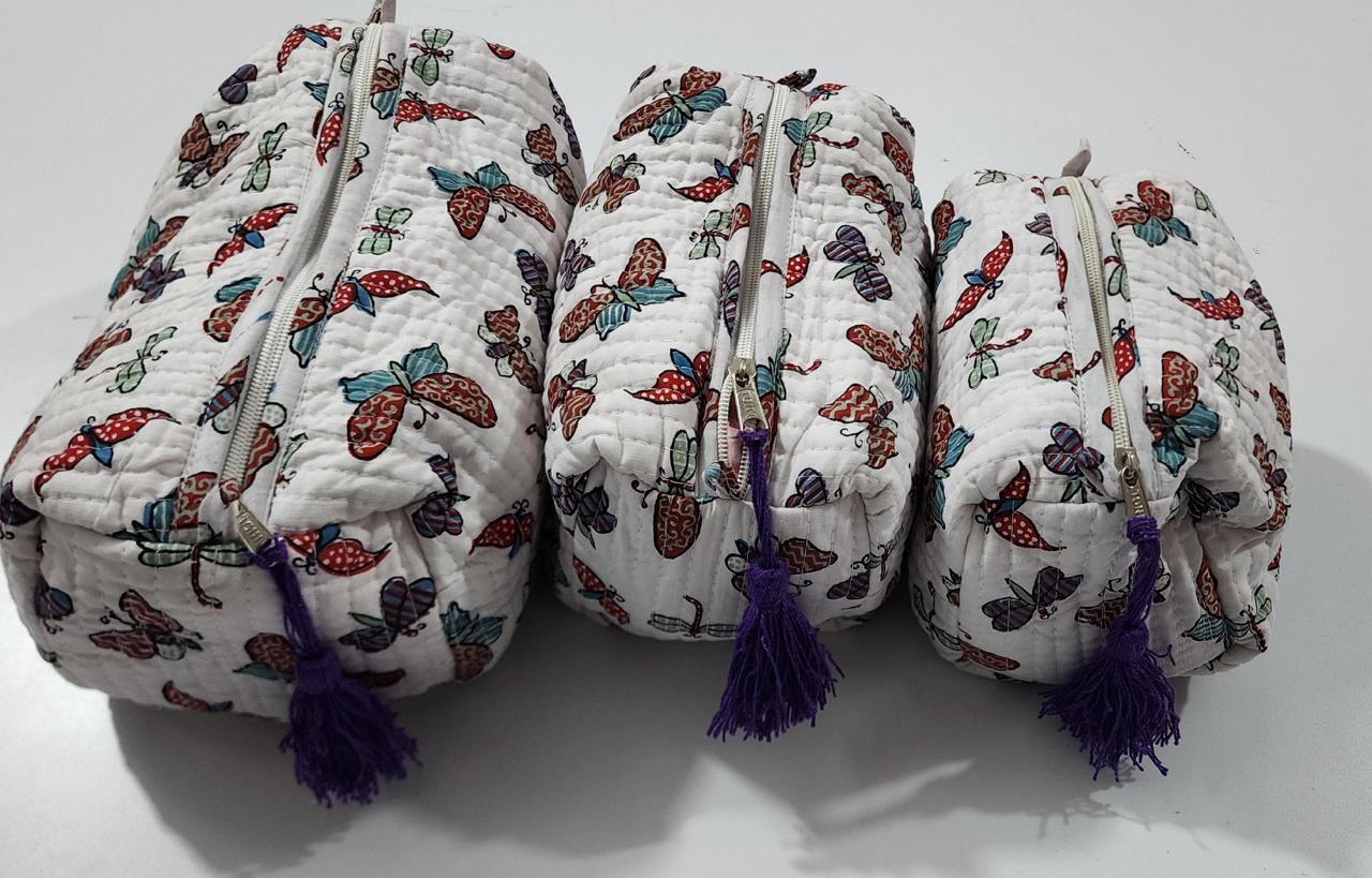 White Butterfly Print Pouch Set