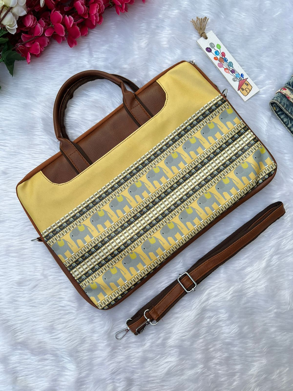 Yellow Colour Elephant Print Laptop Bag