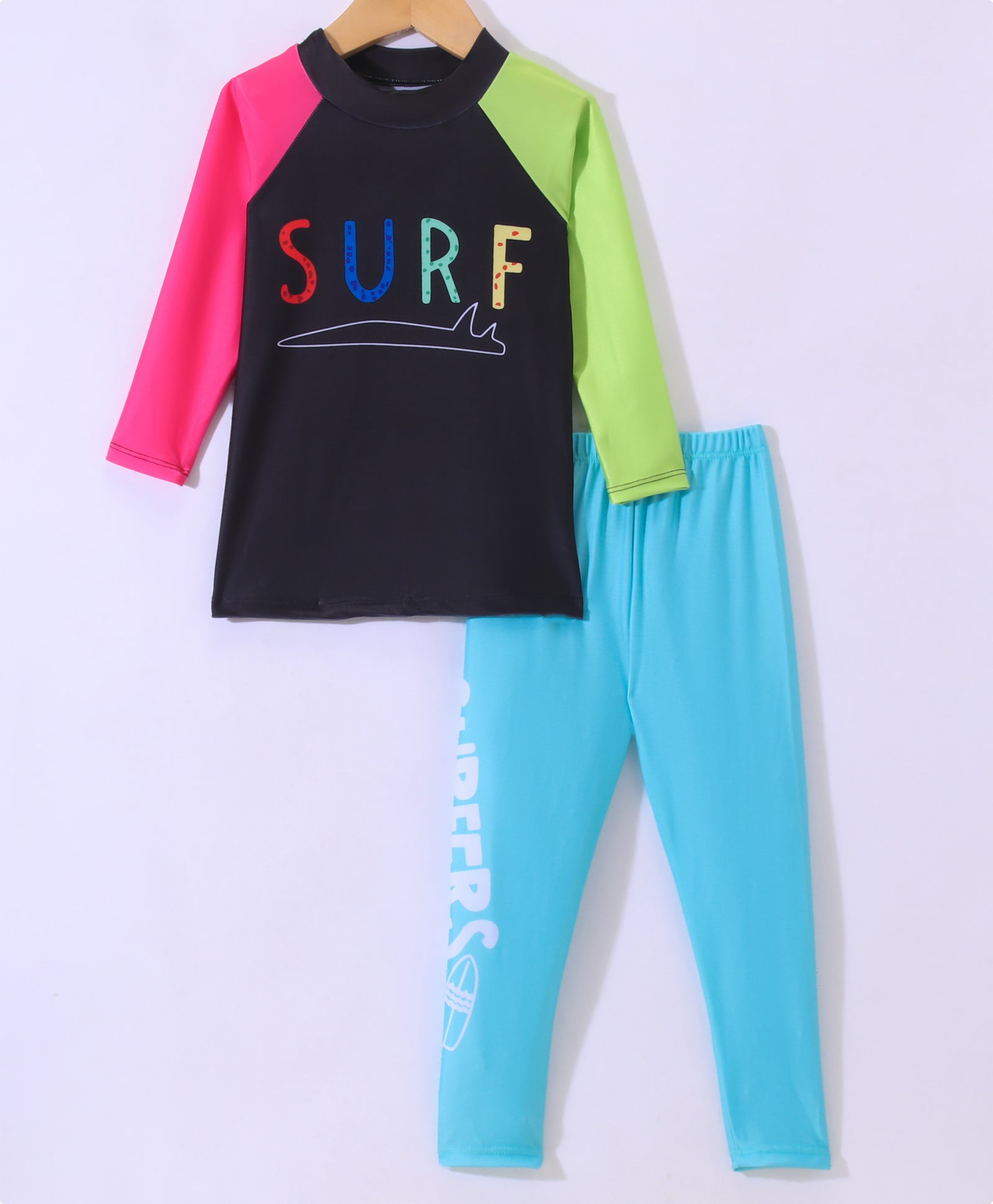 SURF PRINT FULL SLEEVES 2 PIECE SWIMSUIT - PINK GREEN BLACK & BLUE (3 TO 10 YEARS) (Copy)